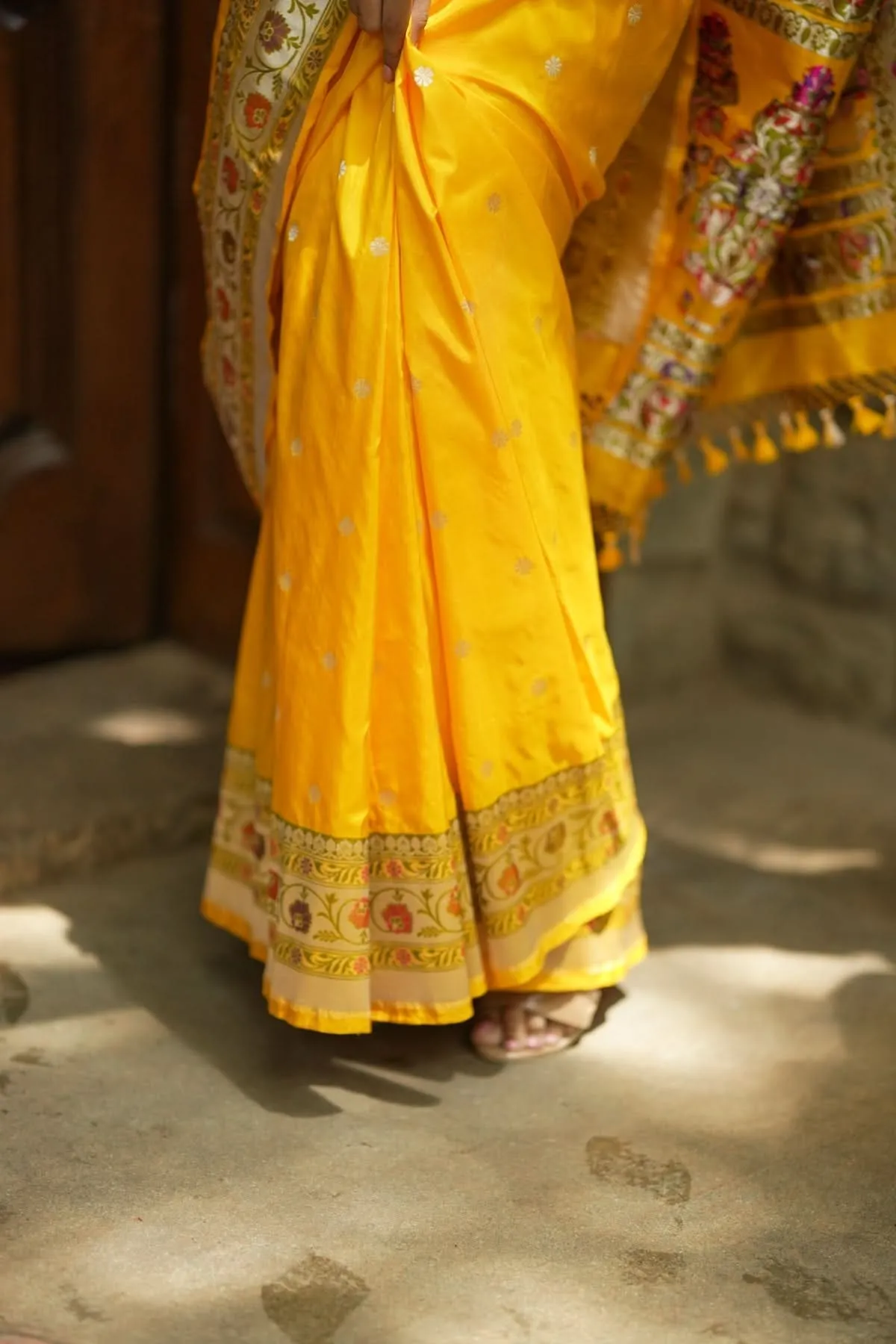 Exquisite Banarasi Katan Silk Saree in Yellow with Paithani Style Border | SILK MARK CERTIFIED