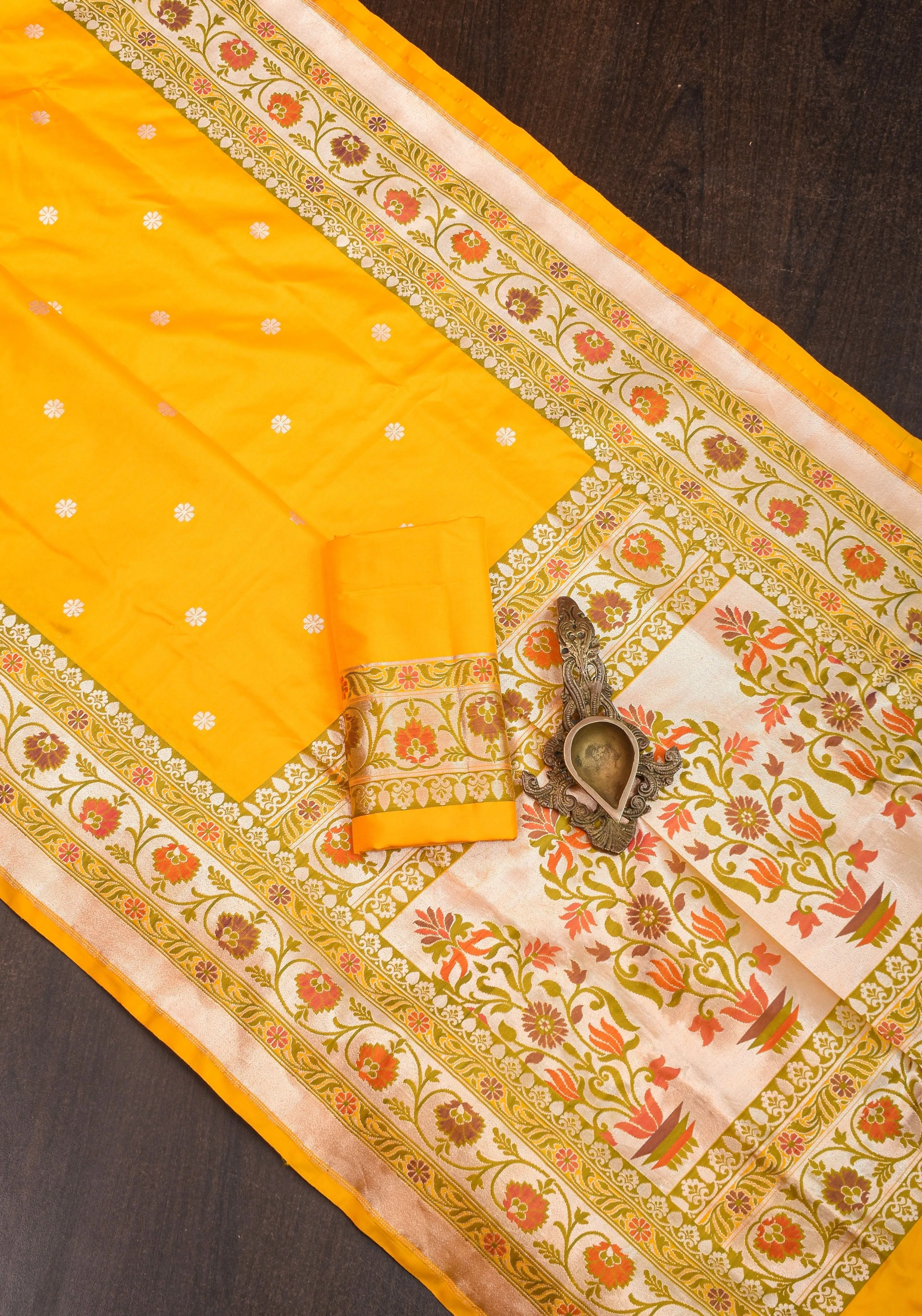 Exquisite Banarasi Katan Silk Saree in Yellow with Paithani Style Border | SILK MARK CERTIFIED