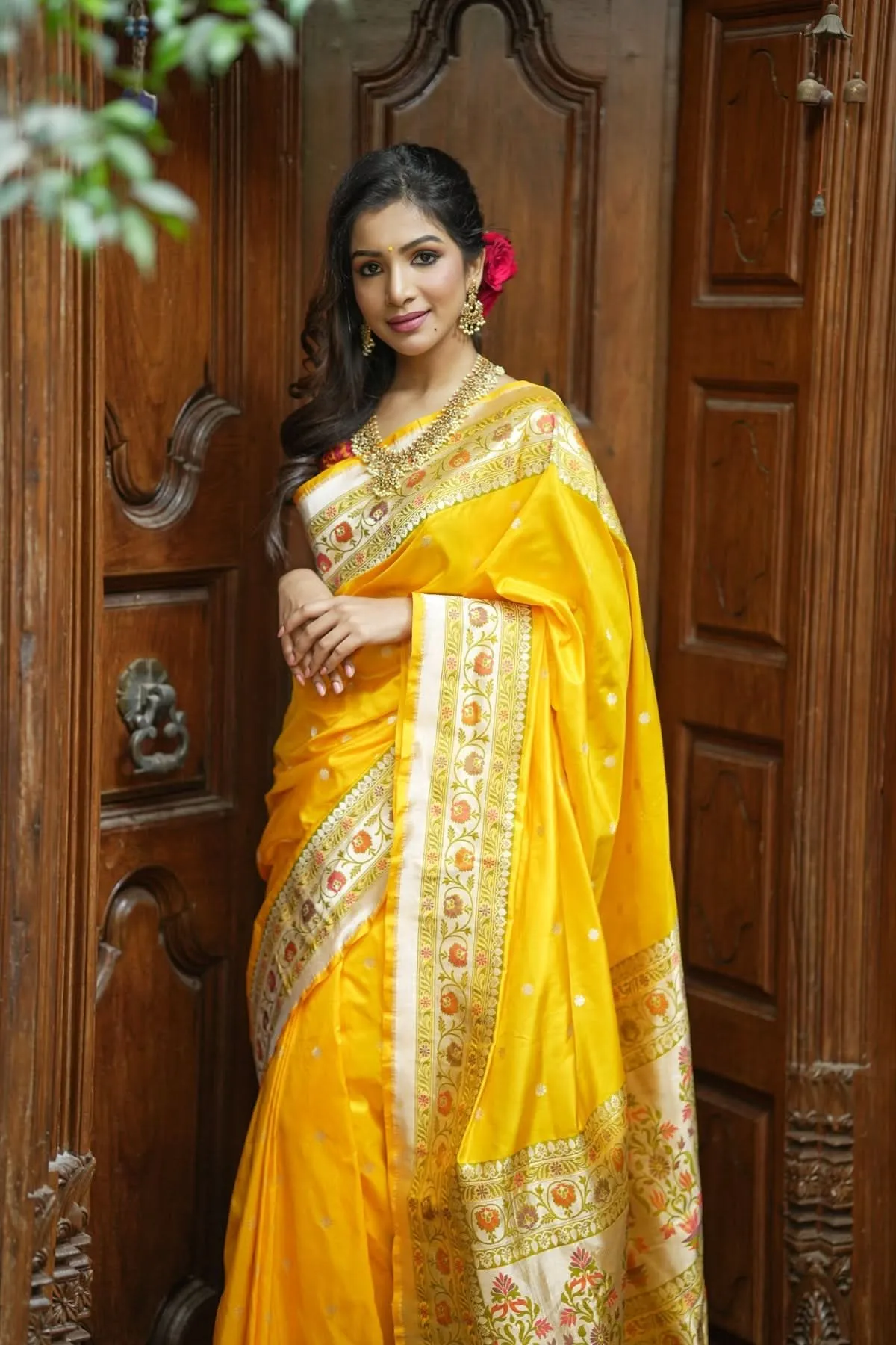 Exquisite Banarasi Katan Silk Saree in Yellow with Paithani Style Border | SILK MARK CERTIFIED