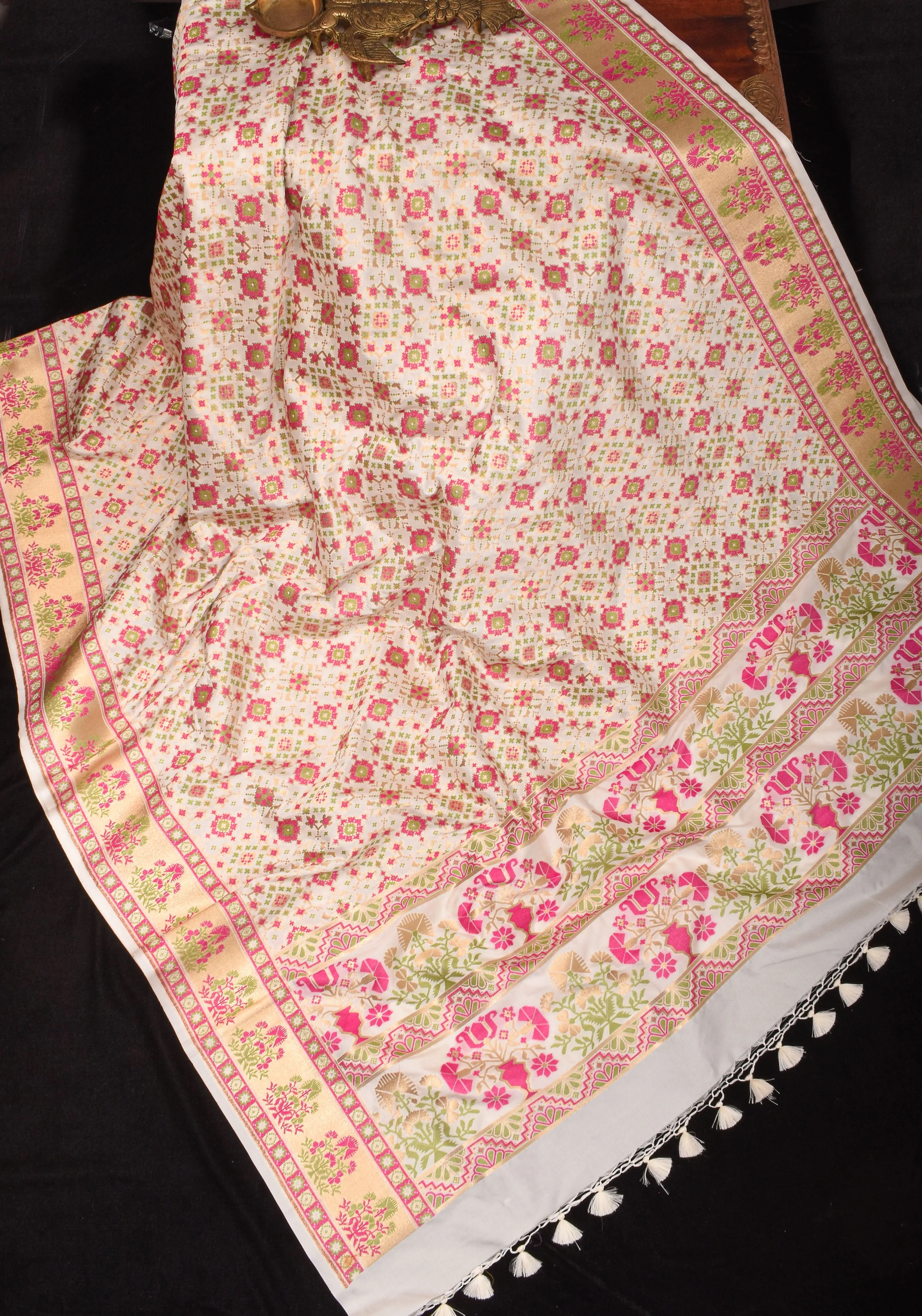 Exquisite Off White Semi Silk Saree with Patola  Meenakari Jaal and Zari Borders