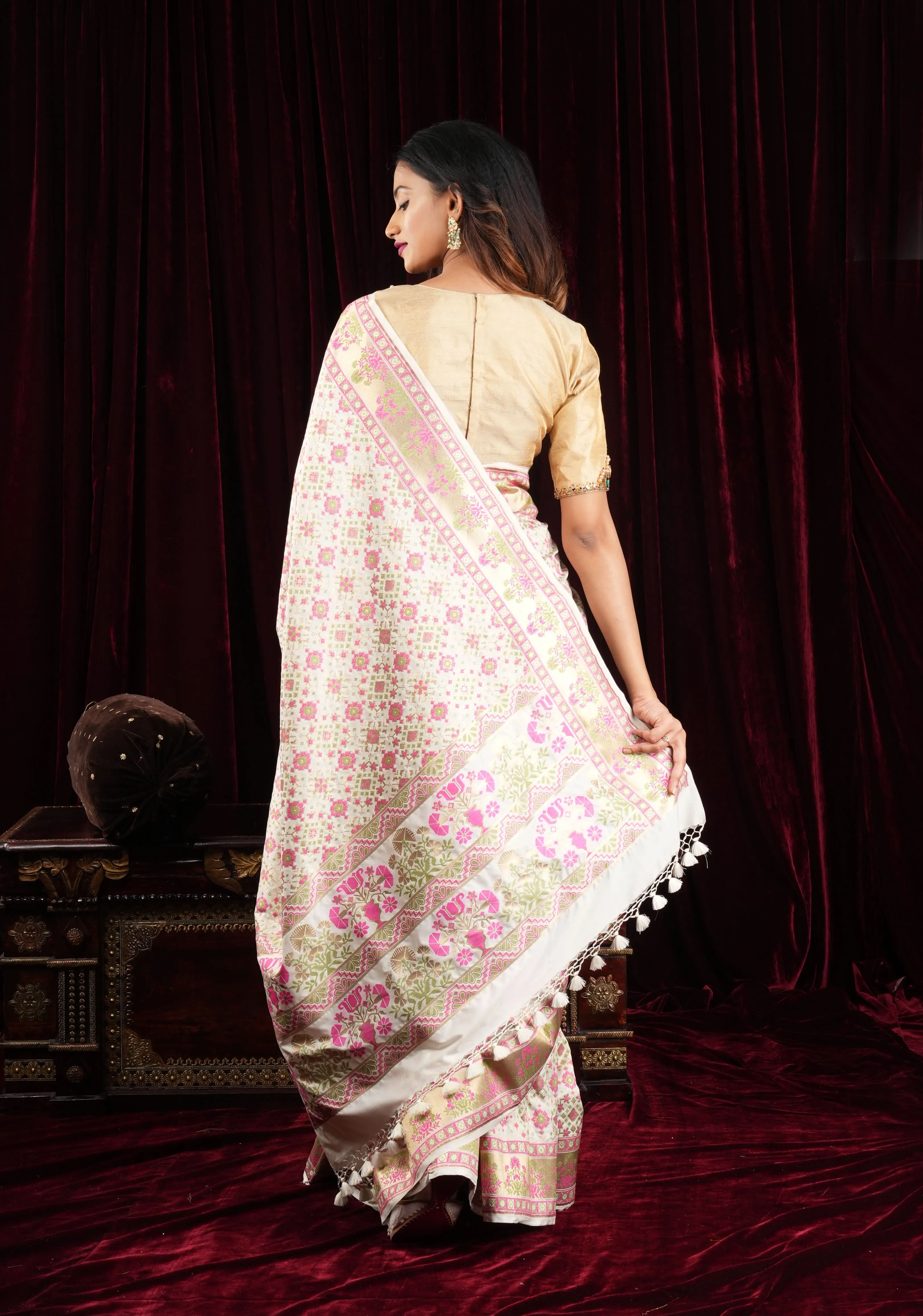 Exquisite Off White Semi Silk Saree with Patola  Meenakari Jaal and Zari Borders