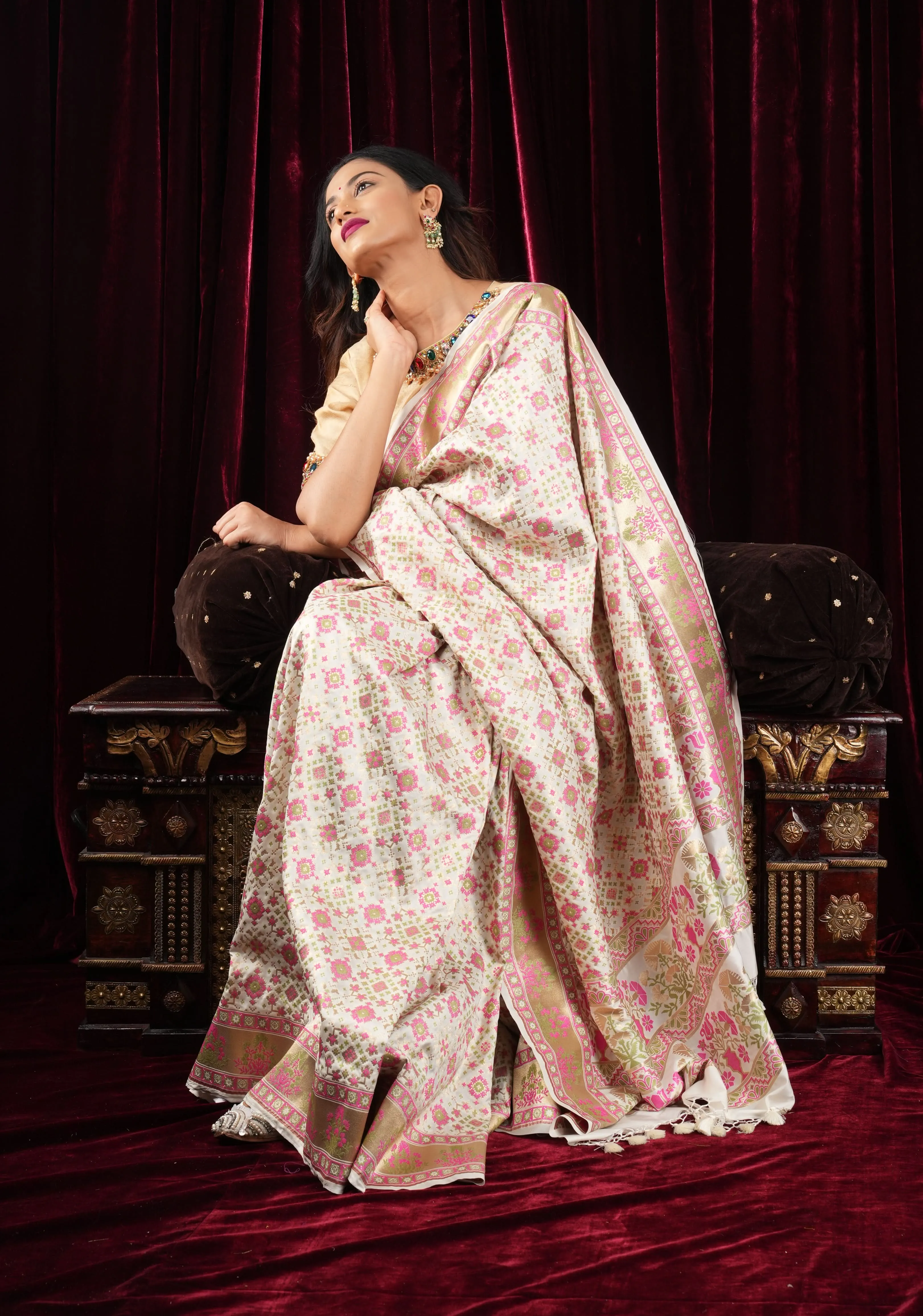 Exquisite Off White Semi Silk Saree with Patola  Meenakari Jaal and Zari Borders