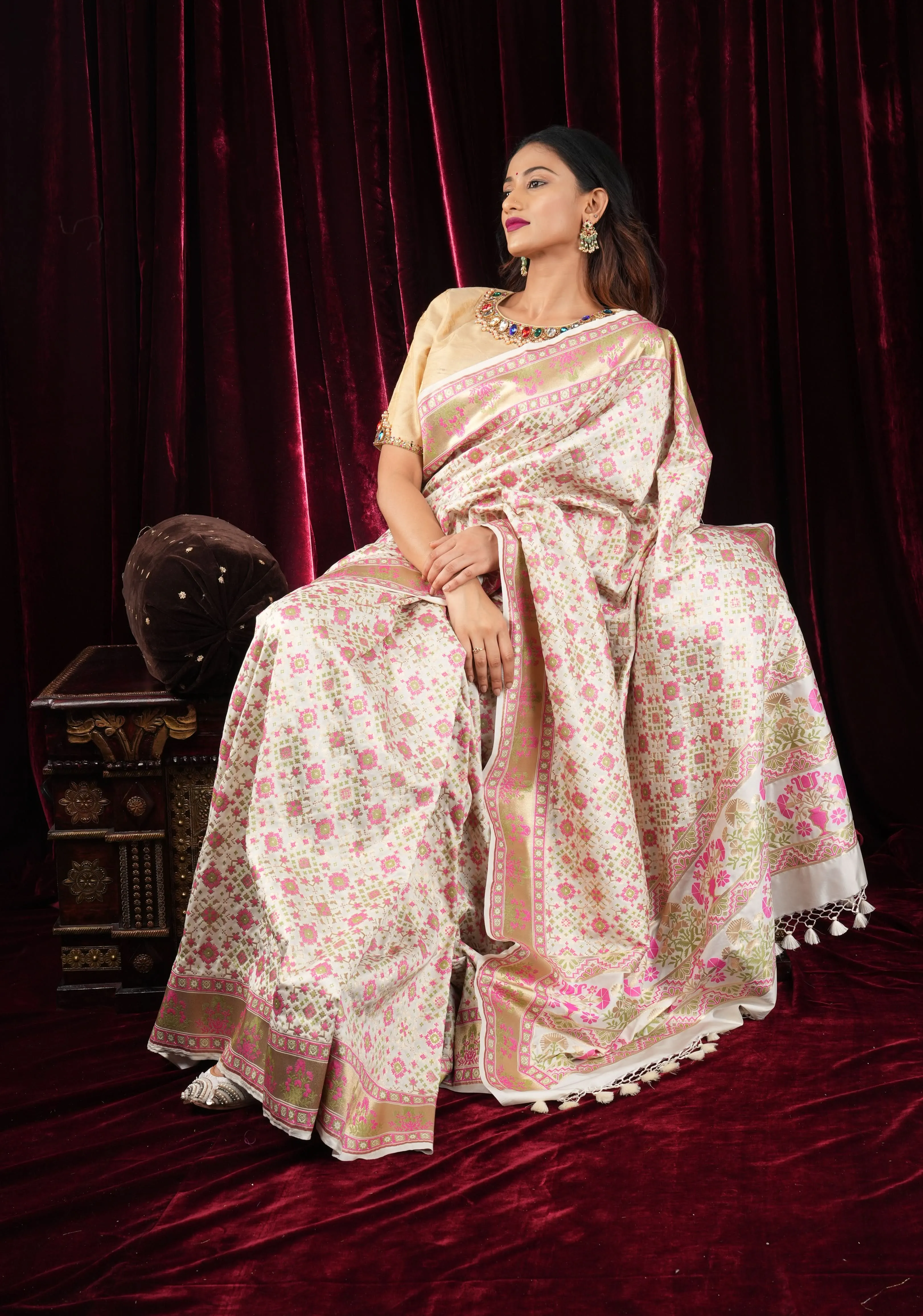 Exquisite Off White Semi Silk Saree with Patola  Meenakari Jaal and Zari Borders