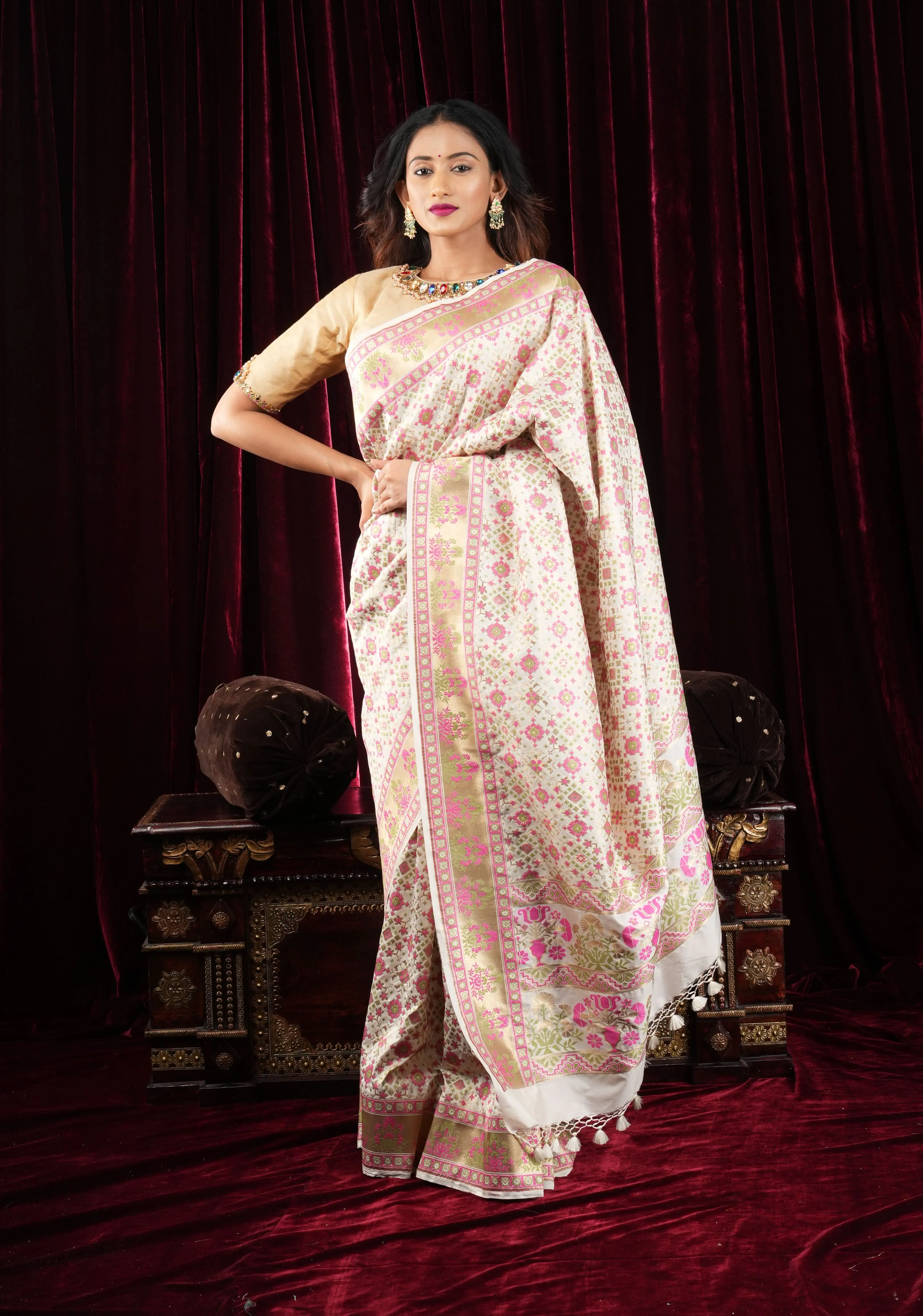 Exquisite Off White Semi Silk Saree with Patola  Meenakari Jaal and Zari Borders