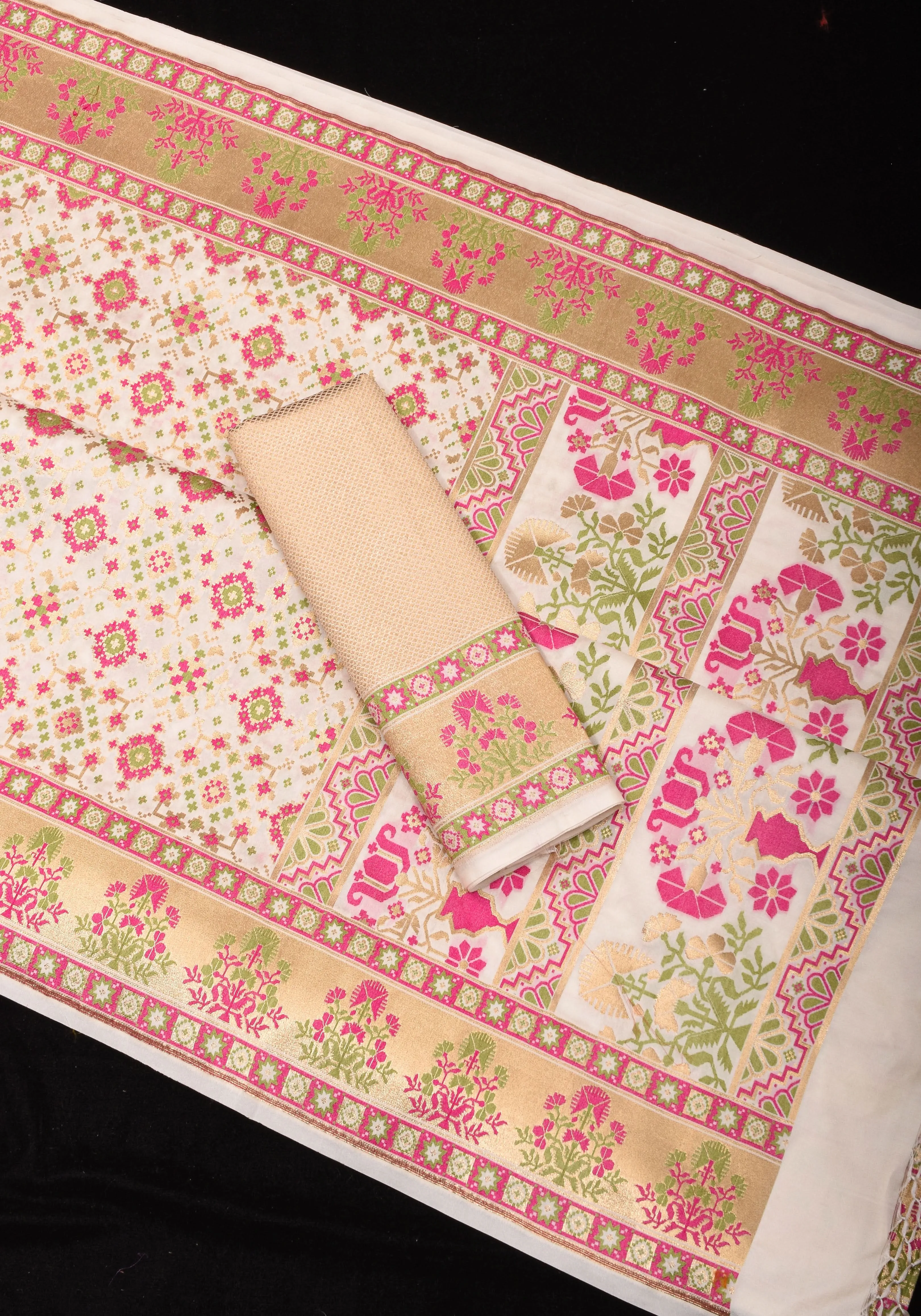 Exquisite Off White Semi Silk Saree with Patola  Meenakari Jaal and Zari Borders