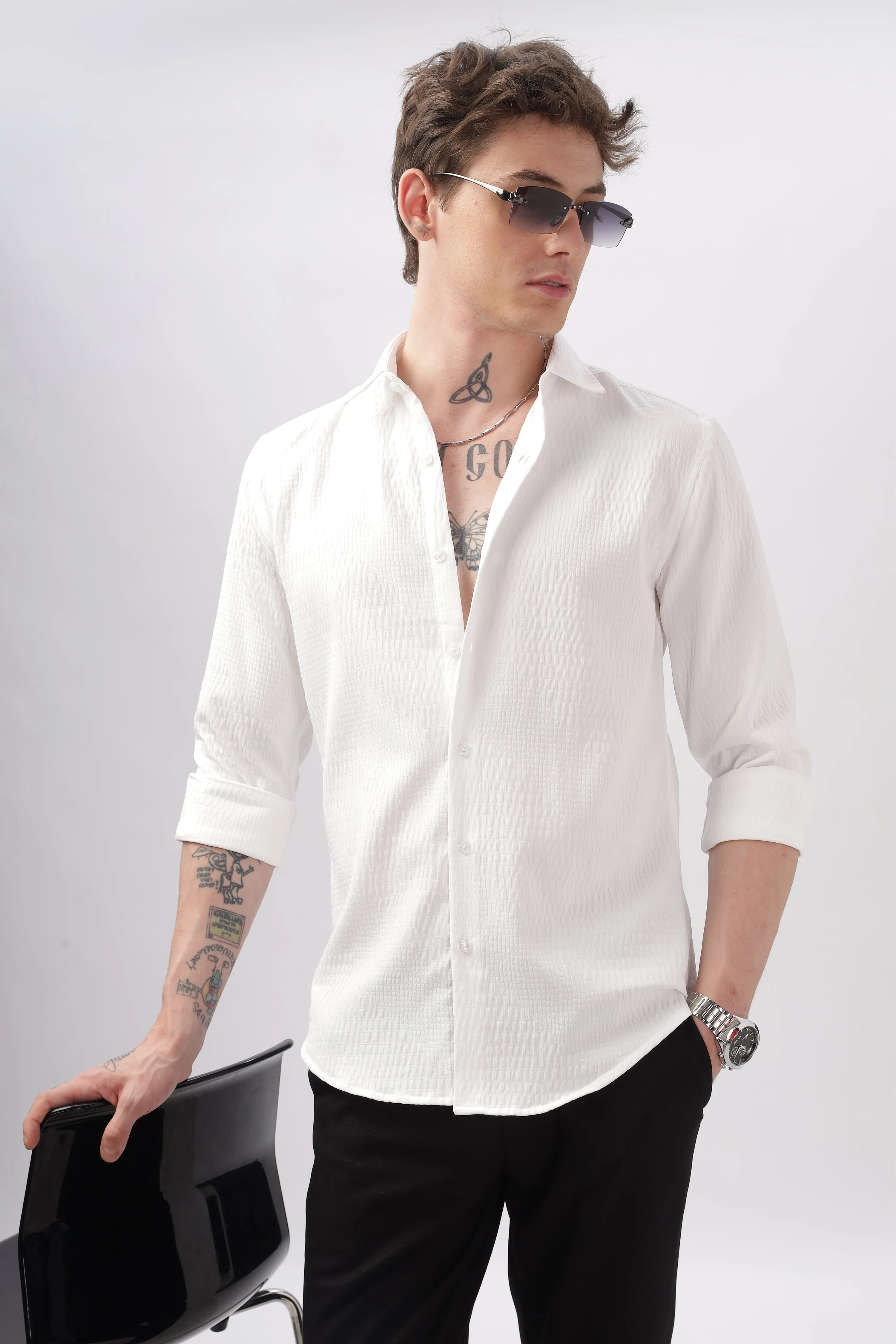 Faux Alligator Print White Textured Shirt