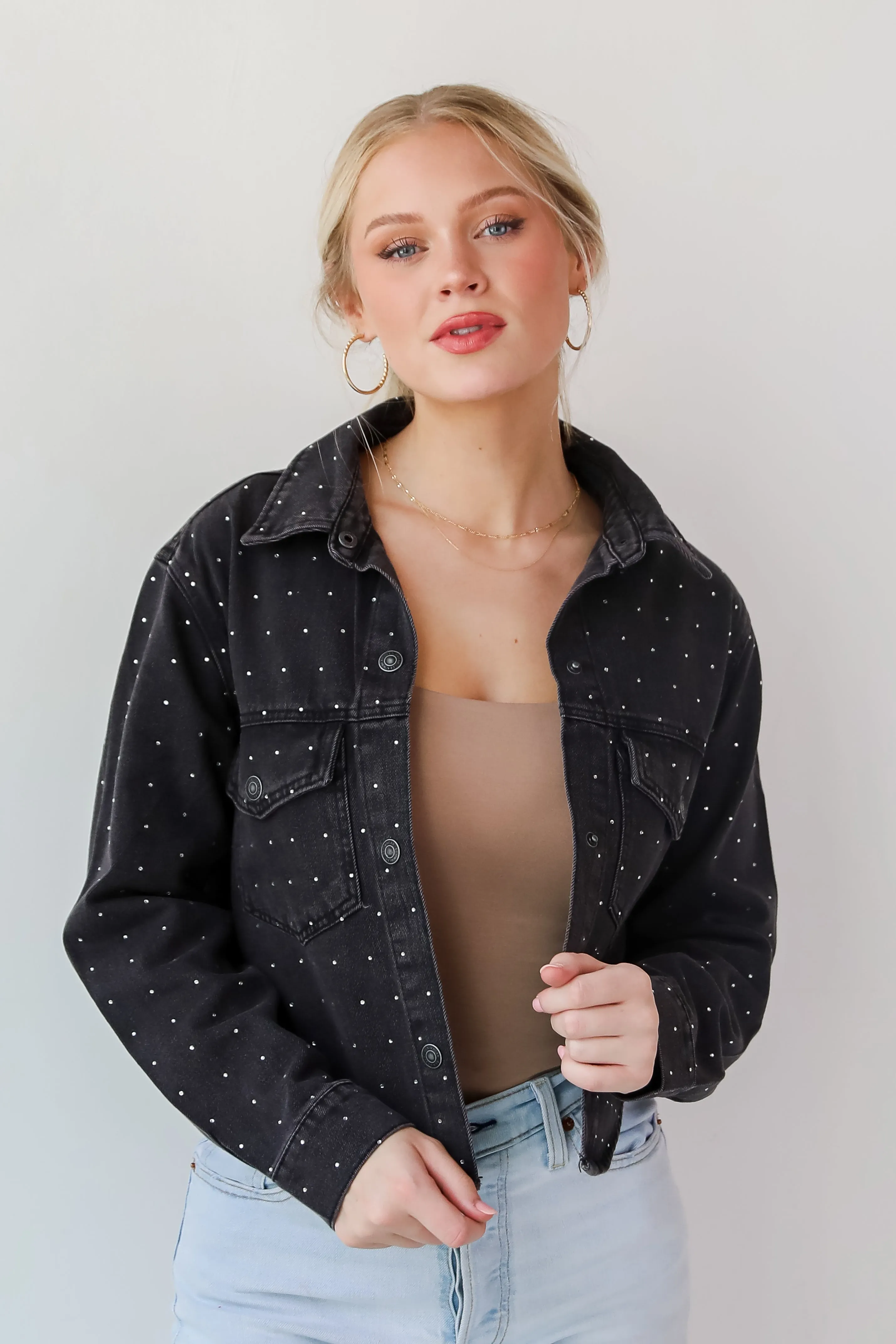 FINAL SALE - Dazzling Stunner Black Rhinestone Cropped Denim Jacket