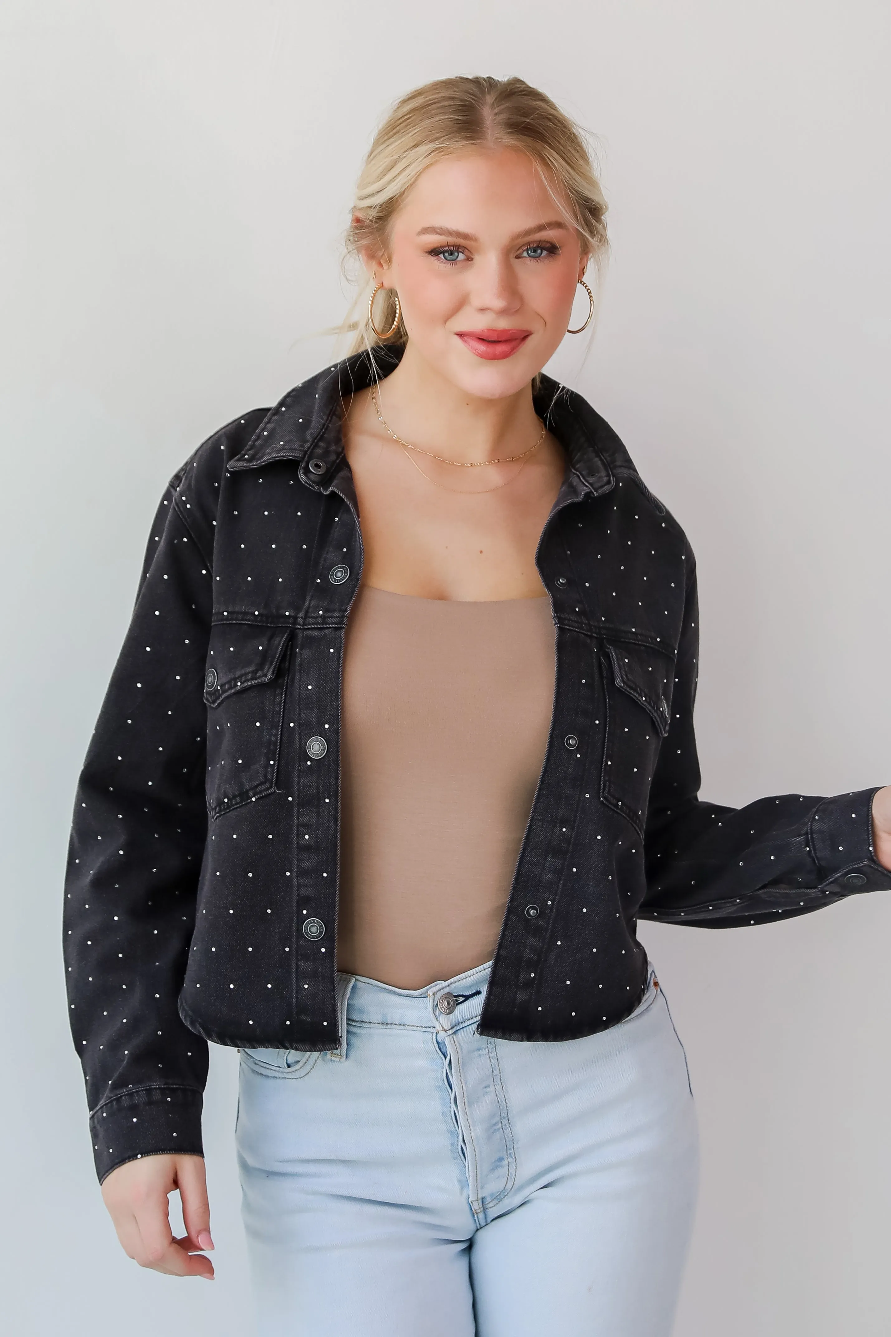 FINAL SALE - Dazzling Stunner Black Rhinestone Cropped Denim Jacket