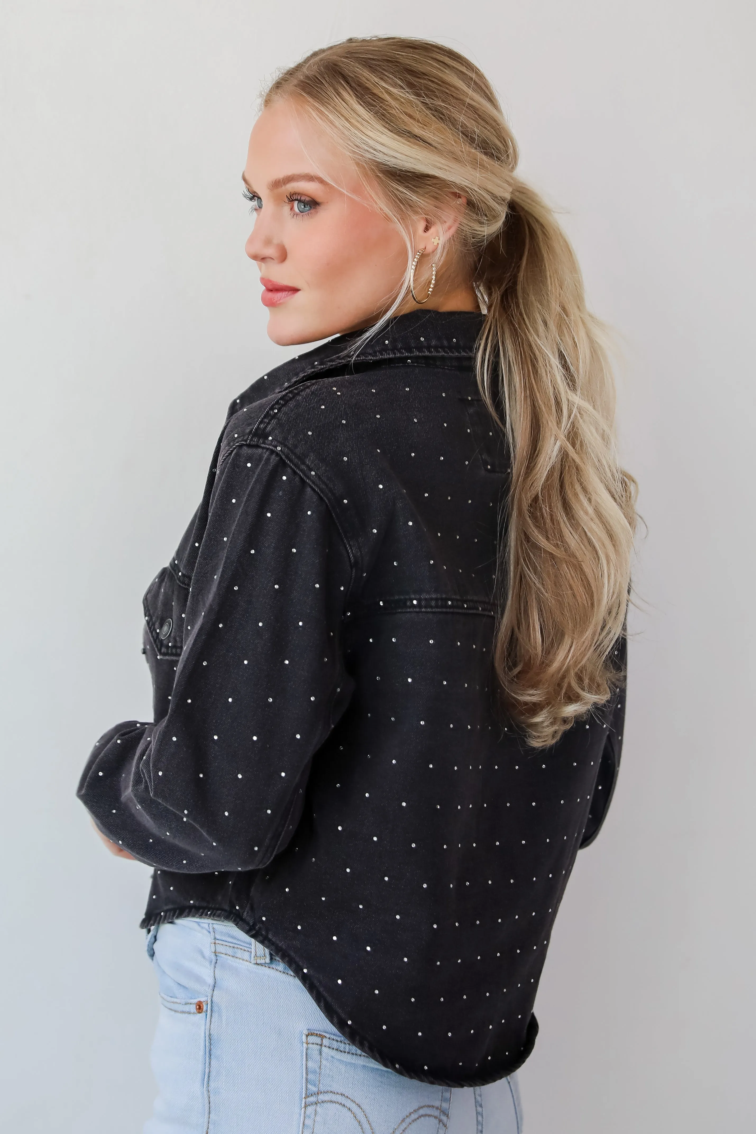 FINAL SALE - Dazzling Stunner Black Rhinestone Cropped Denim Jacket