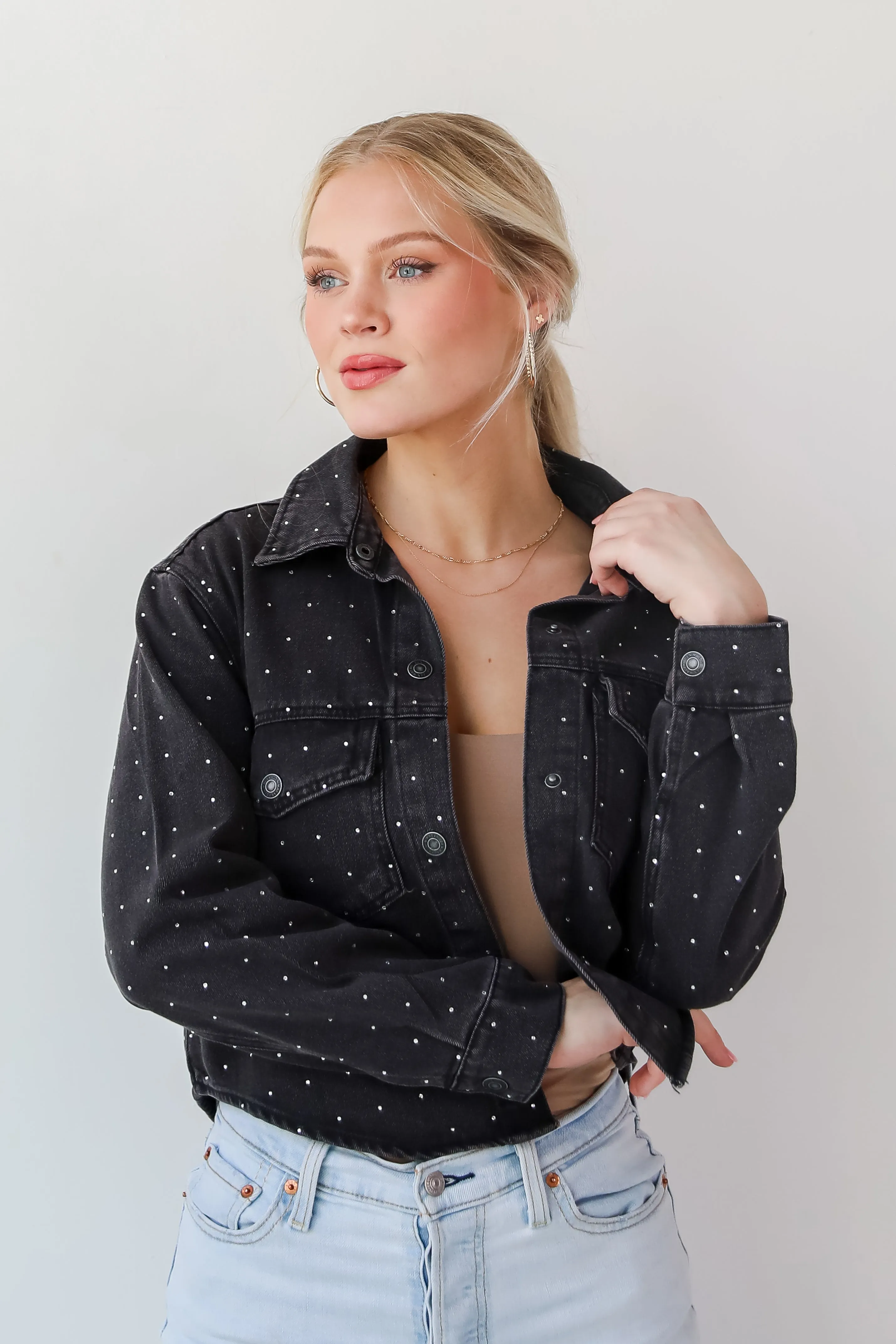 FINAL SALE - Dazzling Stunner Black Rhinestone Cropped Denim Jacket