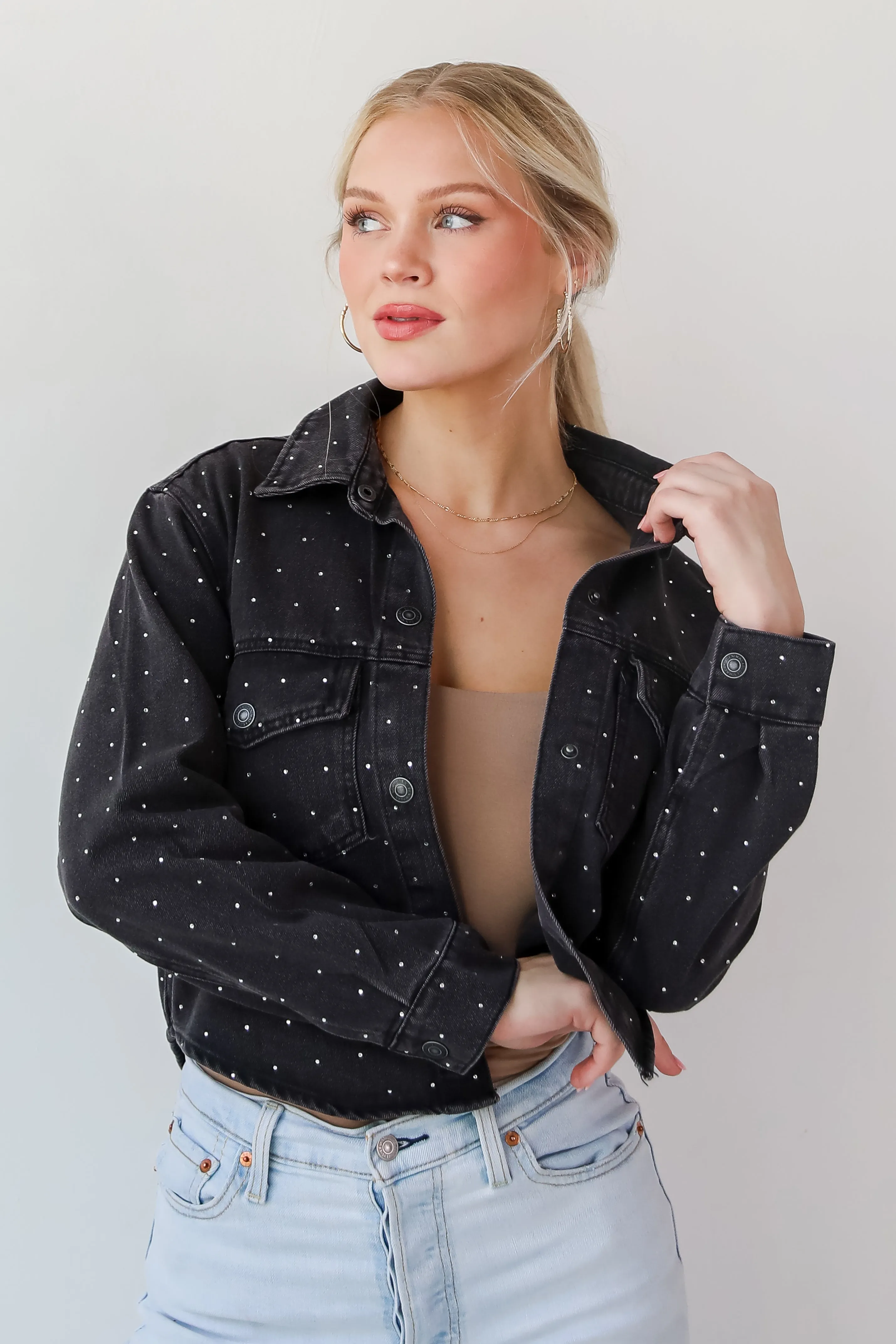 FINAL SALE - Dazzling Stunner Black Rhinestone Cropped Denim Jacket