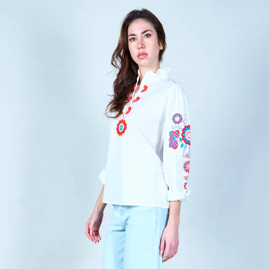 Floral embroidered blouse with ruffle collar wholesale