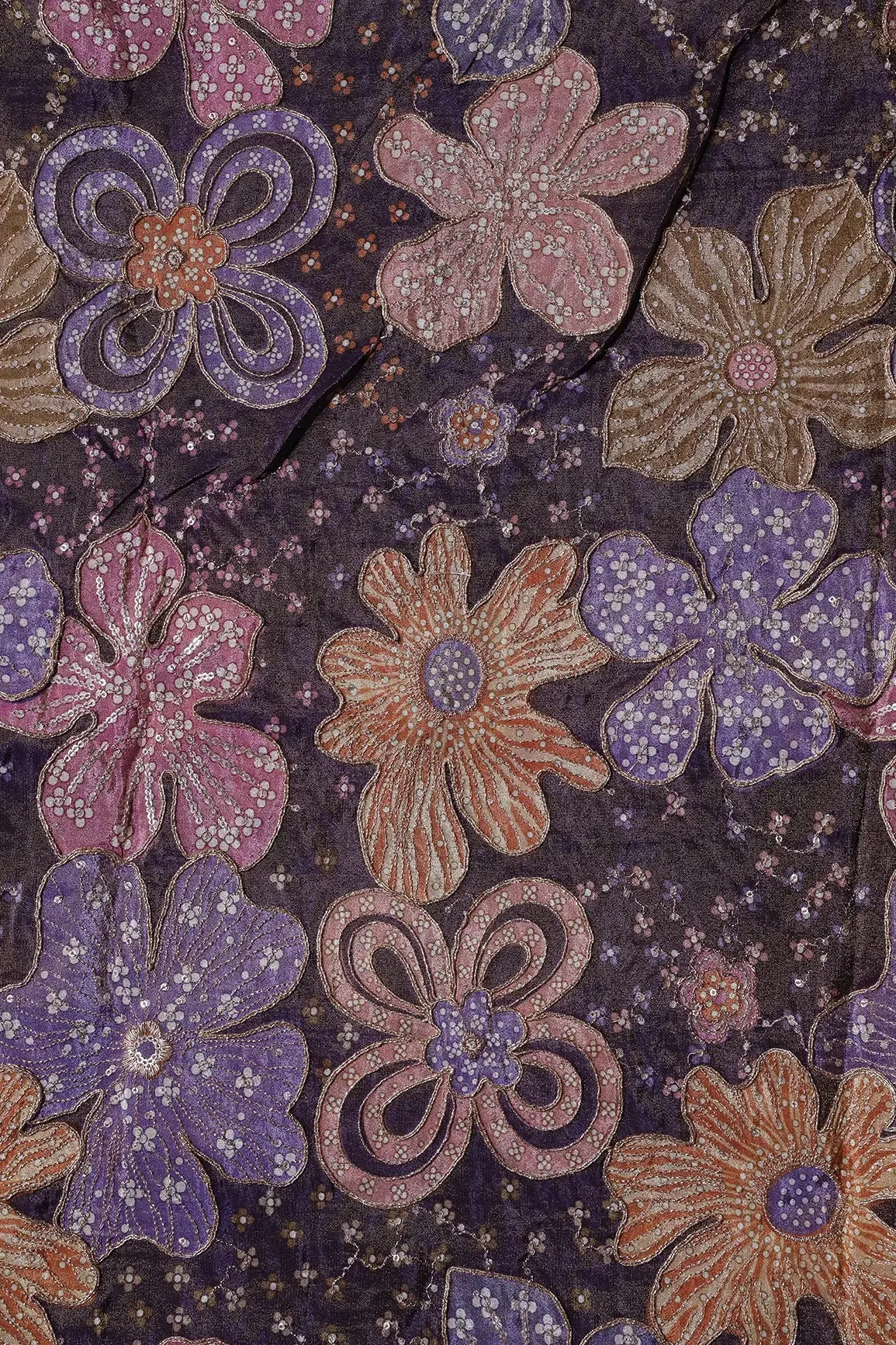 Floral Position Print On Sequins With Zari Embroidery Purple Viscose Zari Tissue Fabric