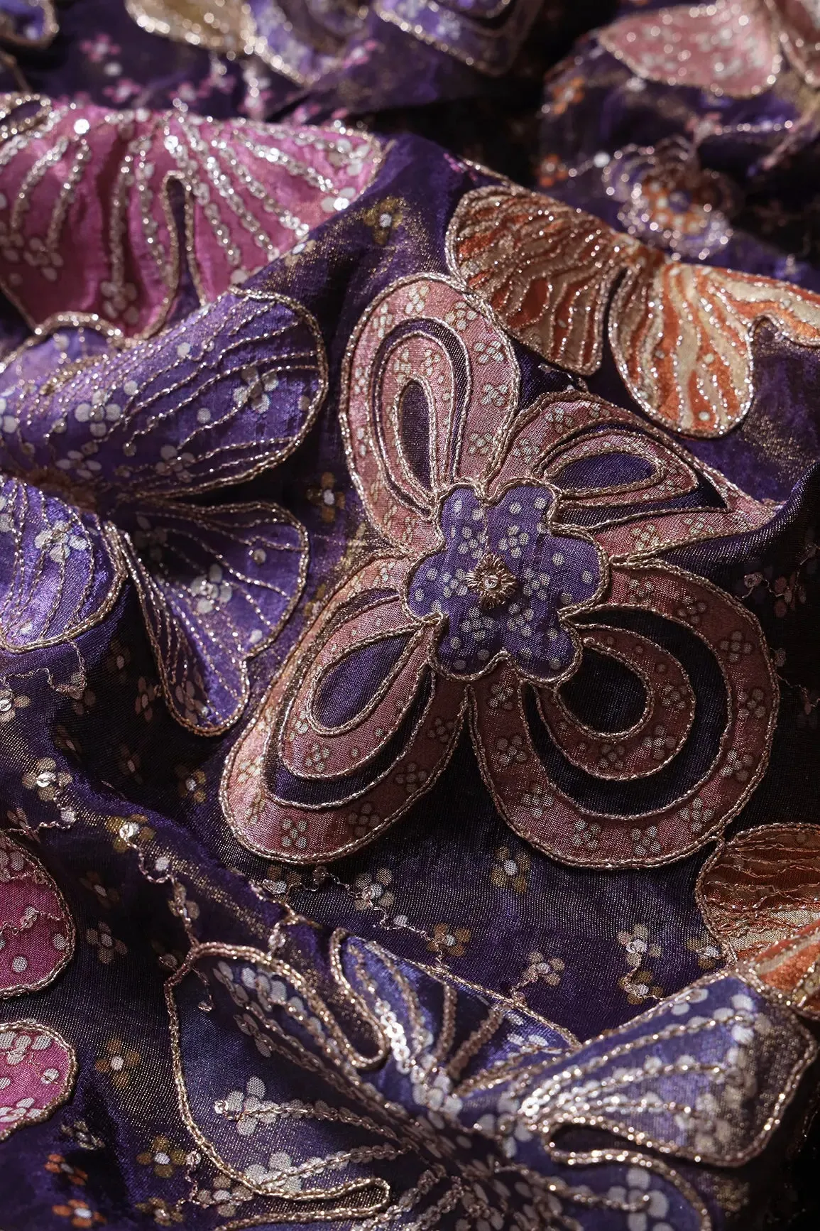 Floral Position Print On Sequins With Zari Embroidery Purple Viscose Zari Tissue Fabric