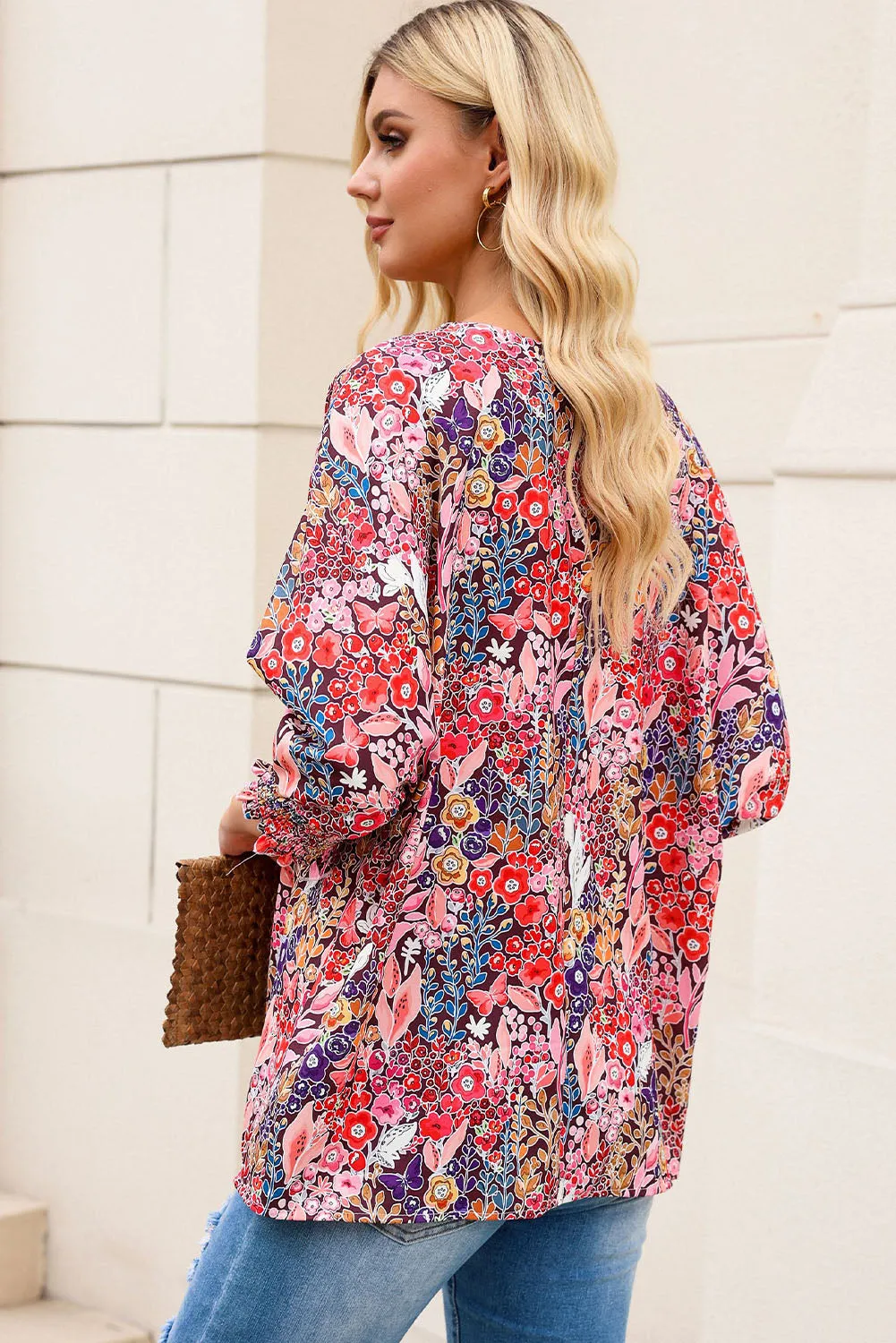 Floral Print Shirred Tunic Blouse