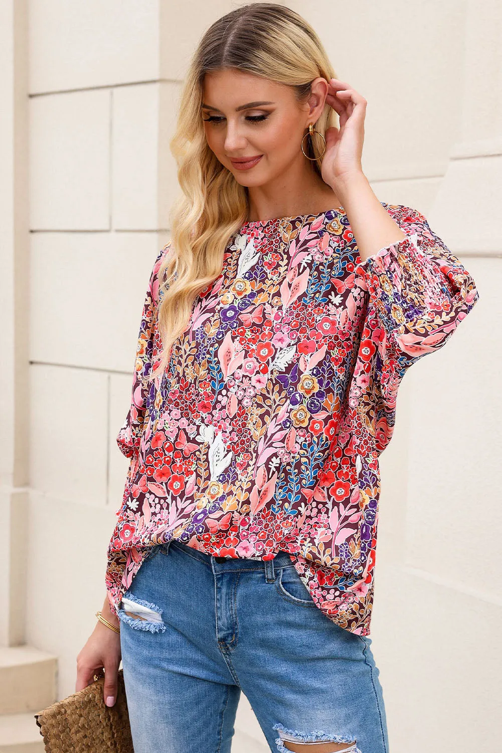 Floral Print Shirred Tunic Blouse