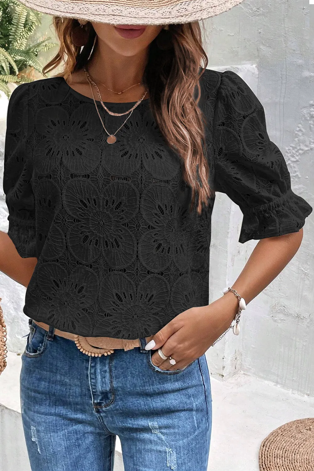 Flower Eyelet Jacquard Keyhole Flounce Sleeve Top