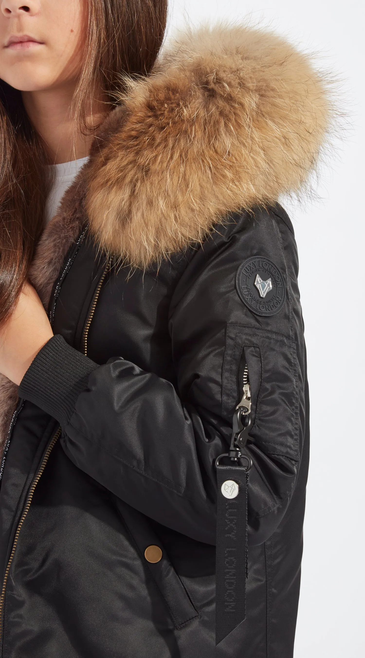 Girls Black Luxy Fur Bomber - Natural