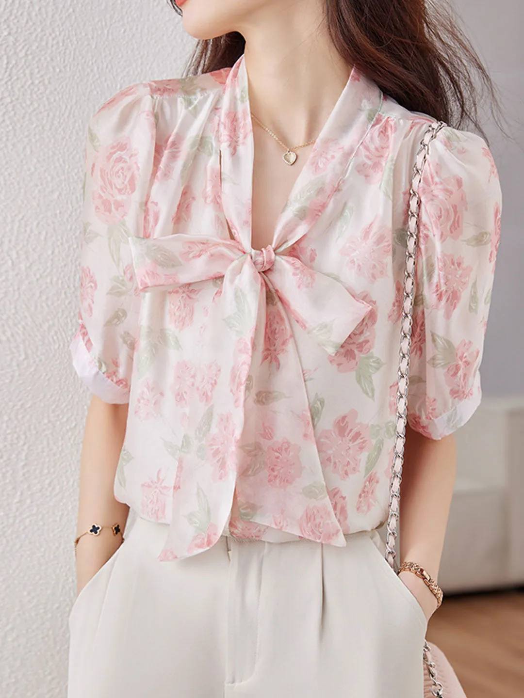 Grace Classic Bowknot Streamer Chiffon Top-Pink