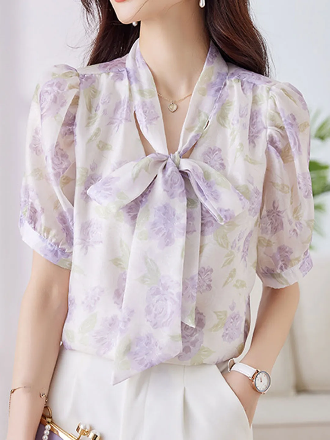 Grace Classic Bowknot Streamer Chiffon Top-Pink