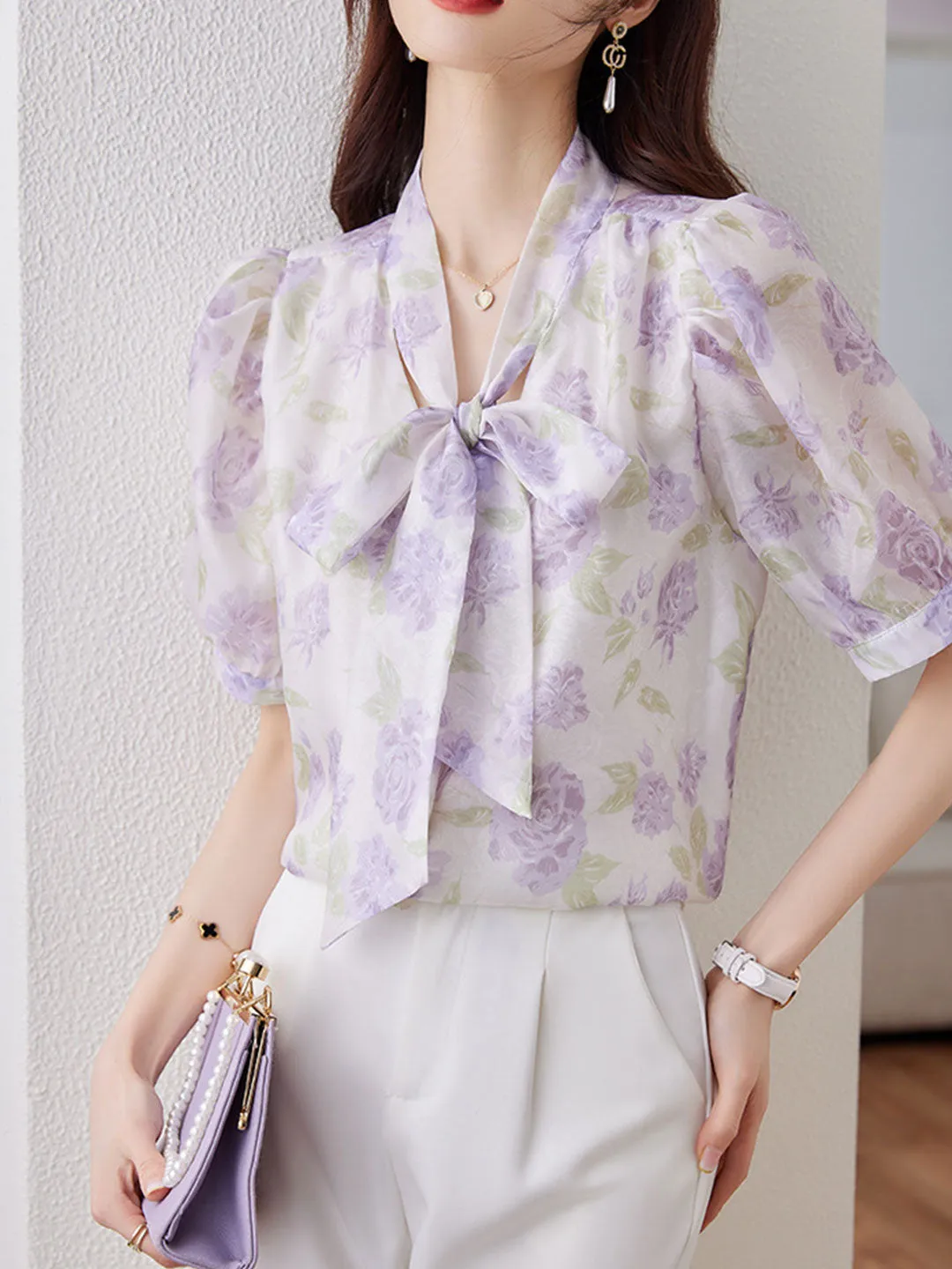 Grace Classic Bowknot Streamer Chiffon Top-Purple