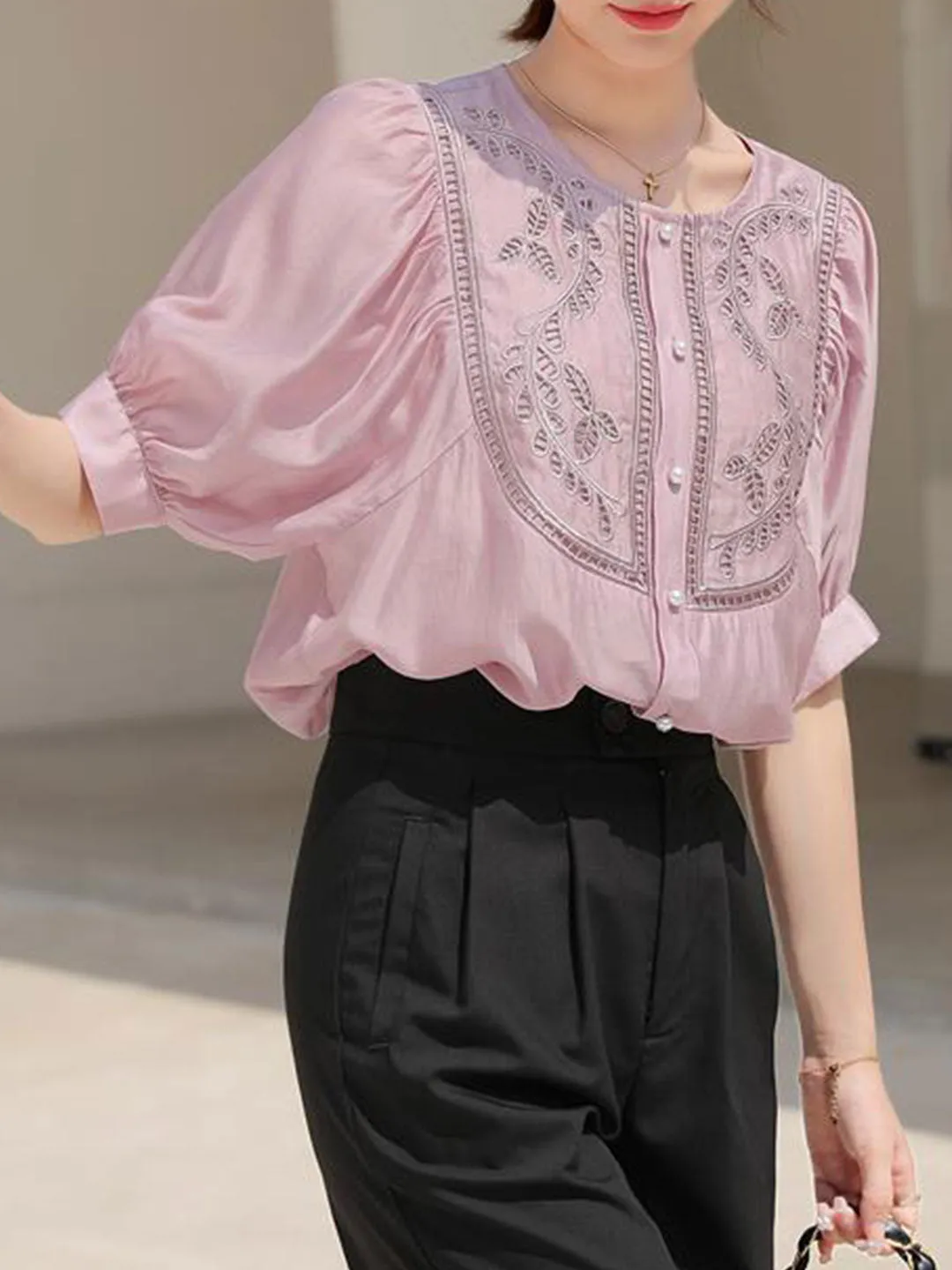 Grace Classic Hollowed Pleated Embroidered Top-Pink