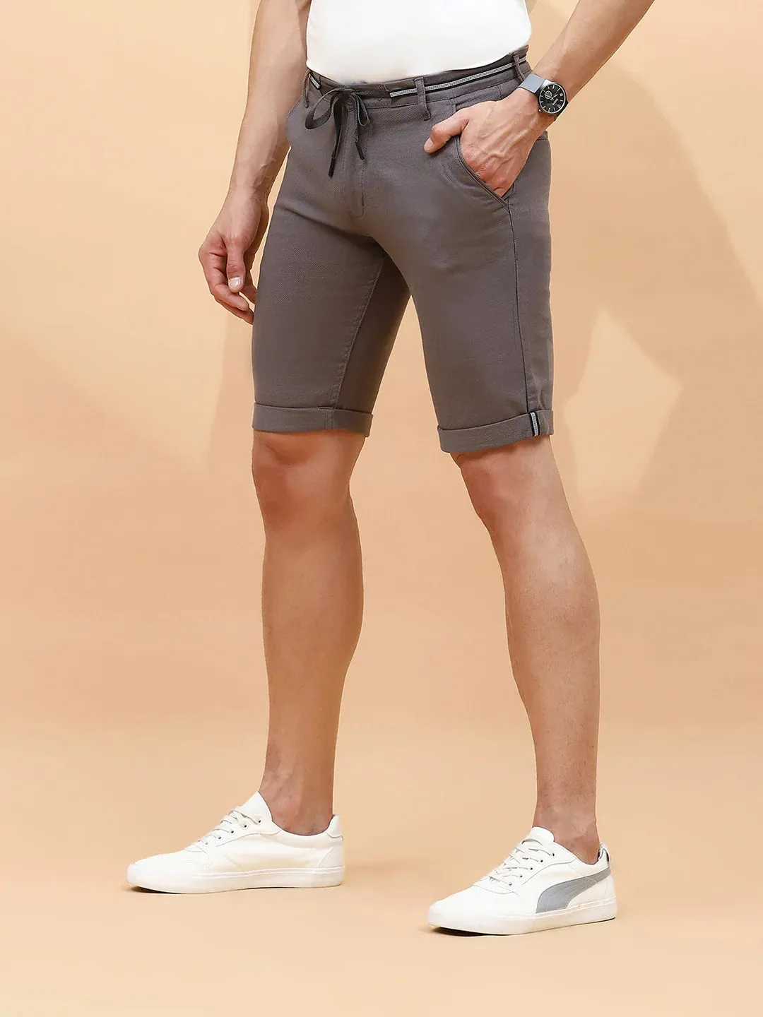 Grey Cotton Blend Regular Fit Shorts For Men