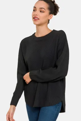 Hi-Low Long Sleeve Round Neck Sweater