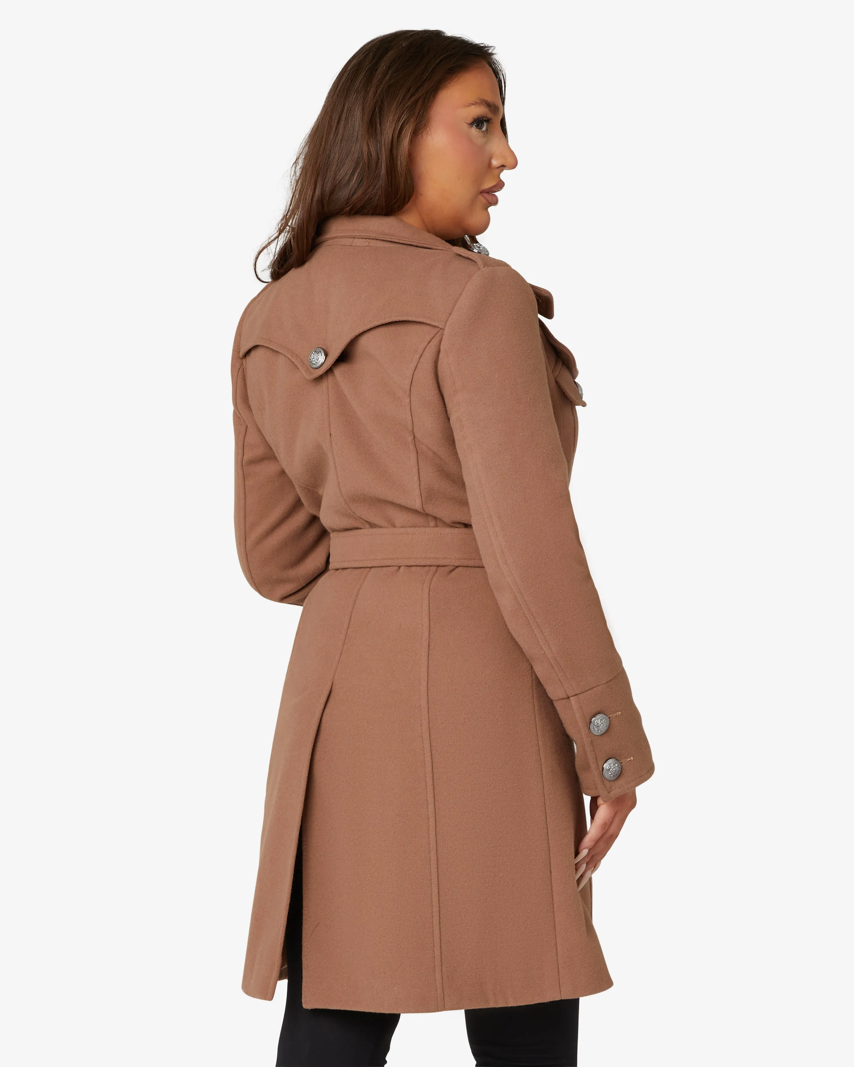 High Neck Belted Military Style Coat (1502)