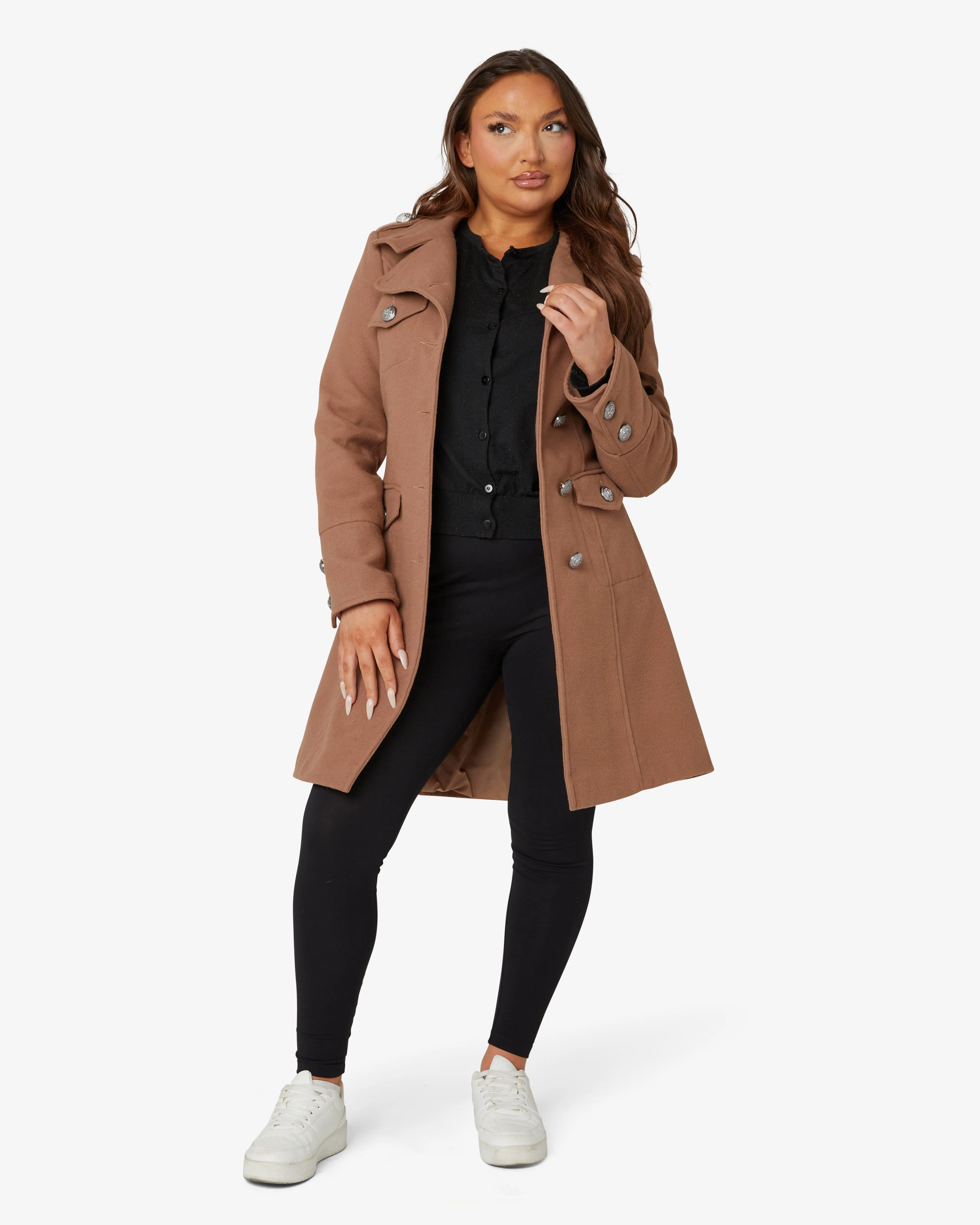 High Neck Belted Military Style Coat (1502)