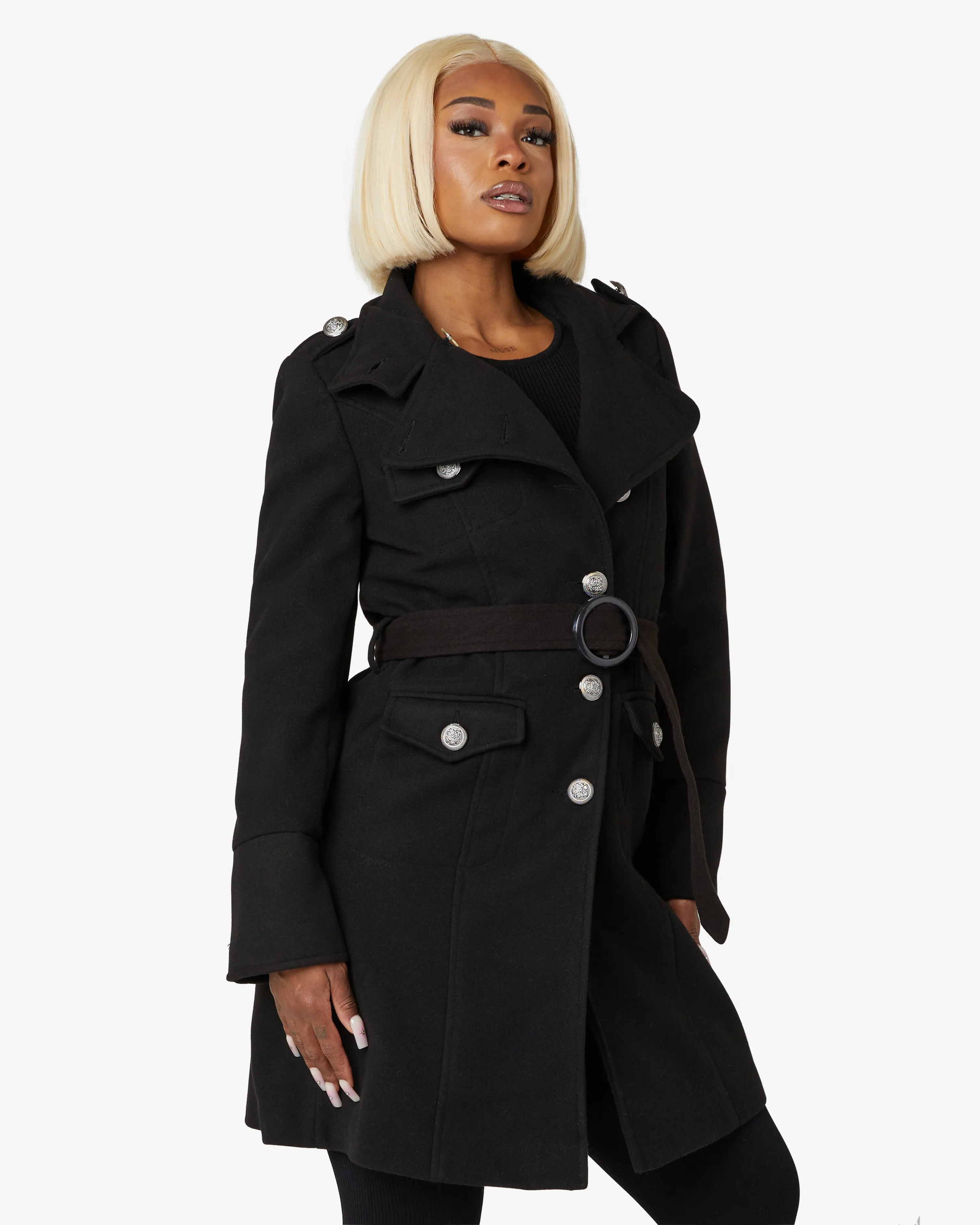 High Neck Belted Military Style Coat (1502)