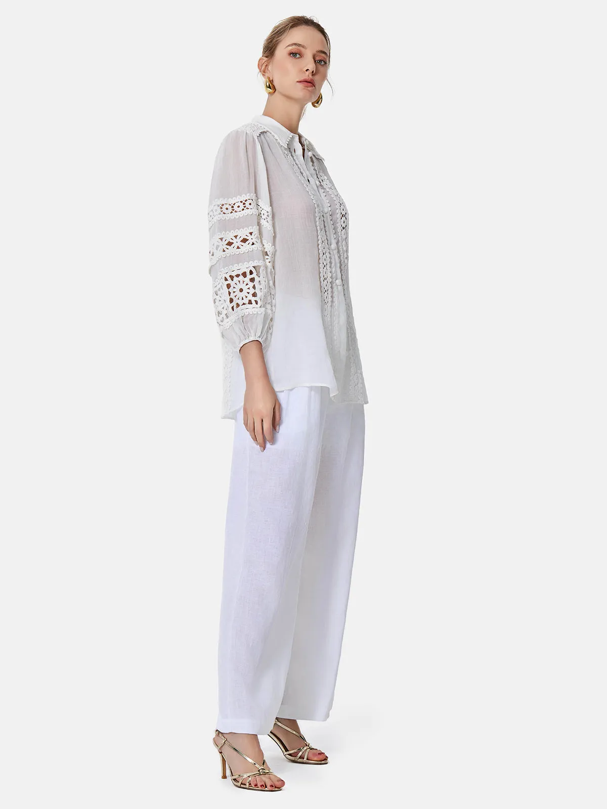 Hollow Embroidered Linen Lantern Sleeve Shirt