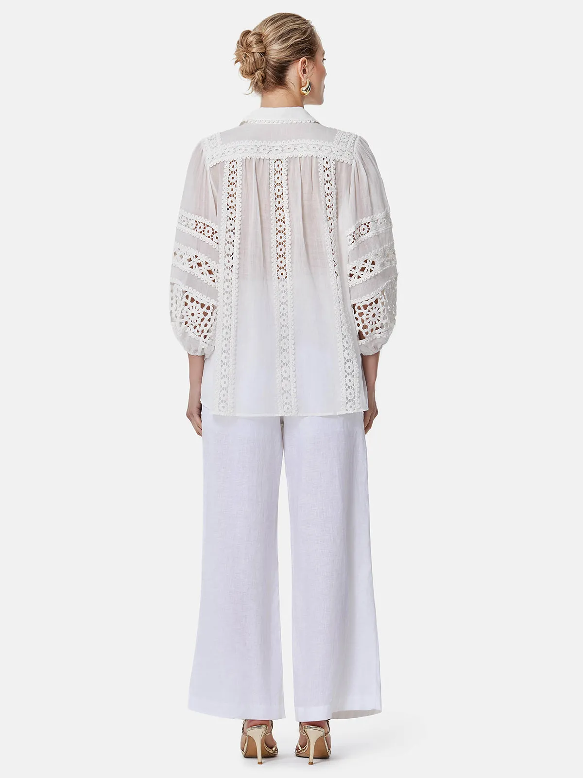 Hollow Embroidered Linen Lantern Sleeve Shirt