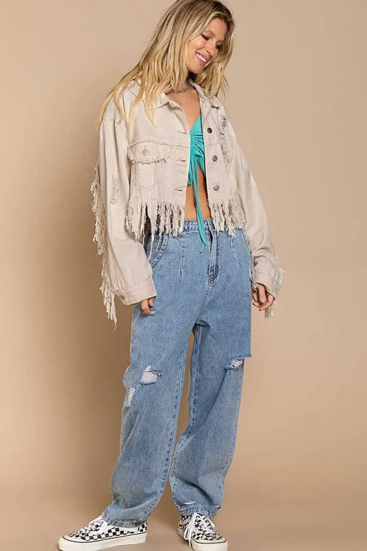 Jessie  Fringe-Detailed Cropped Denim Jacket