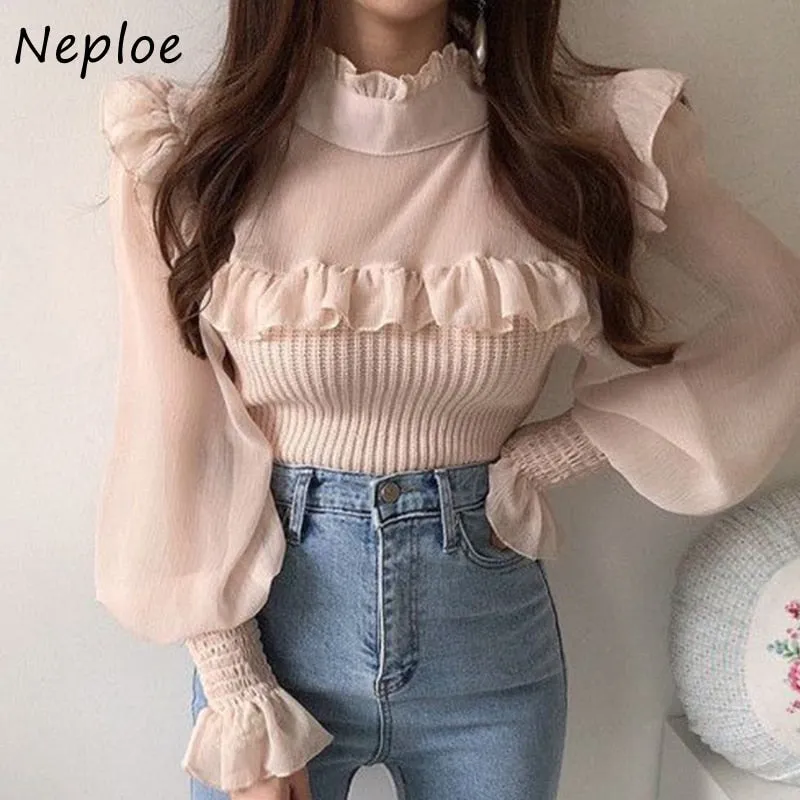 Joskaa Christmas Gift Grace Temperament Stand Collar Blusasedible Tree Fungus Spliced Autumn 2024 Female Tops Flare Sleeve Shirt Blouses Women