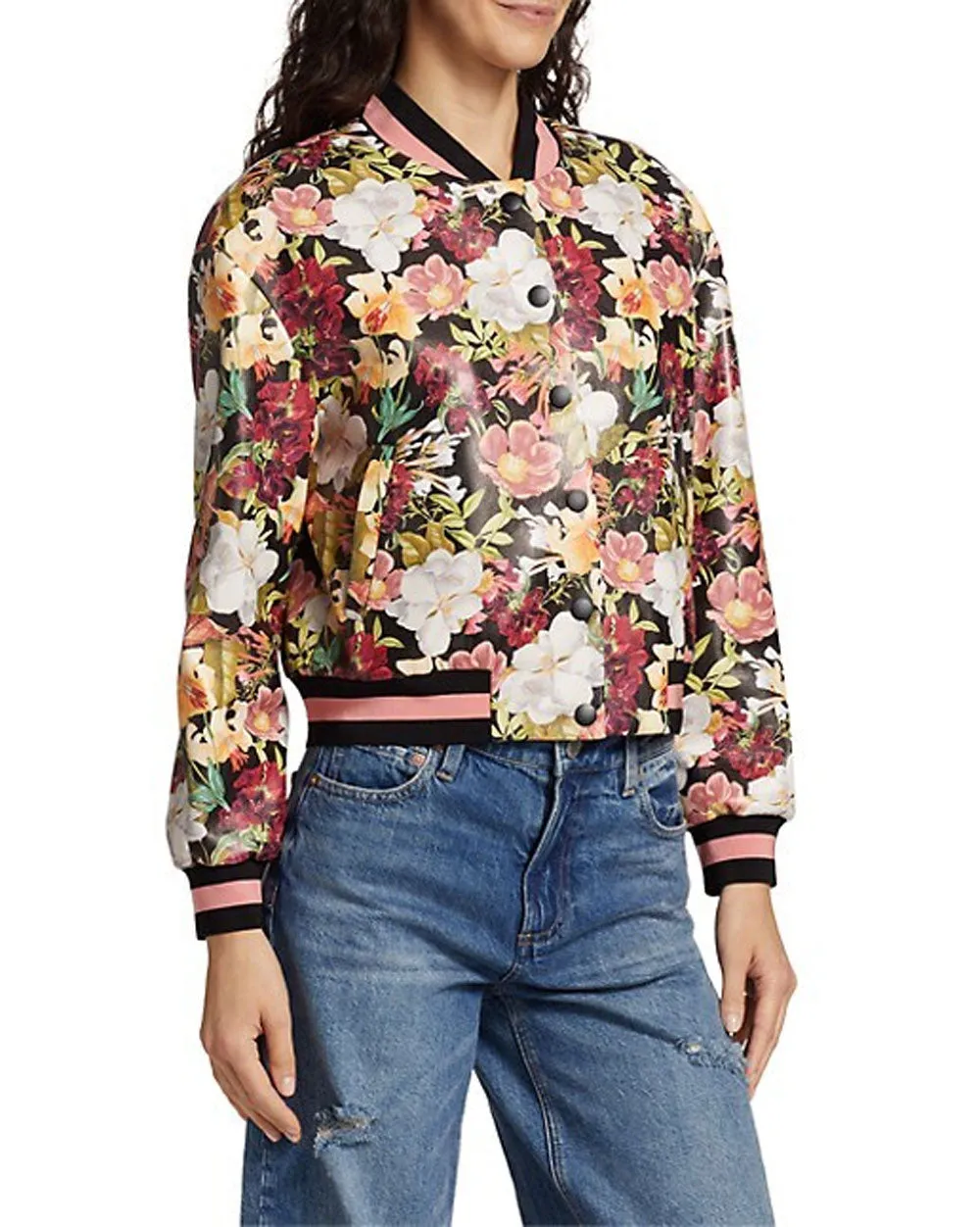 Juniper Floral Black Keri Vegan Leather Varsity Jacket