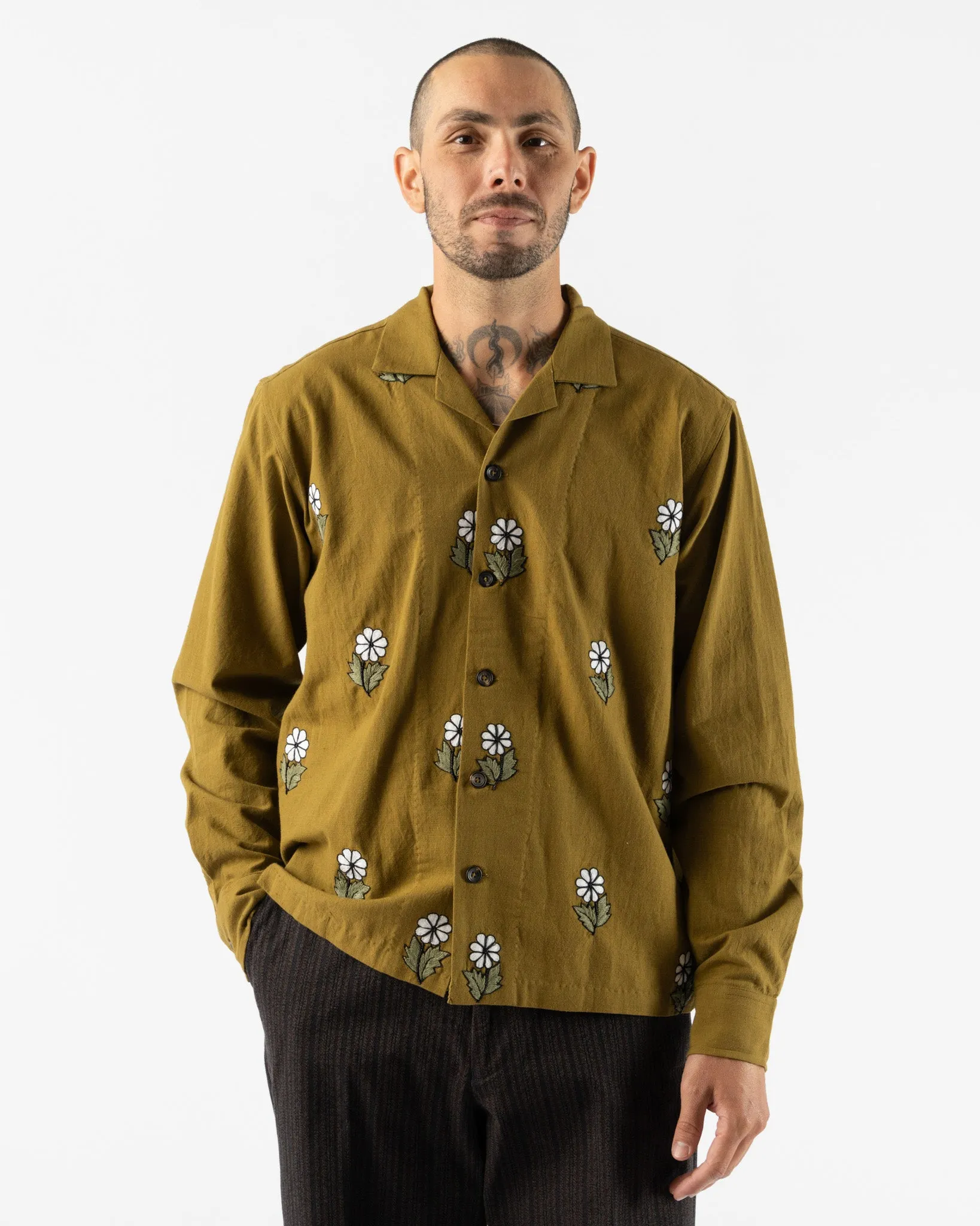 Kartik Research Camp Shirt in Mehendi/White/Black