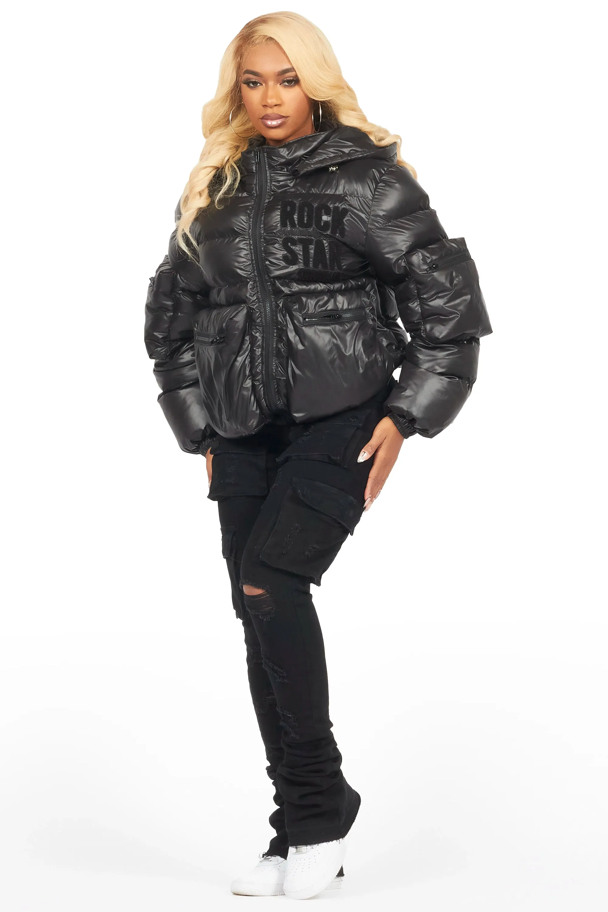 Keisha Black Cargo Puffer Jacket