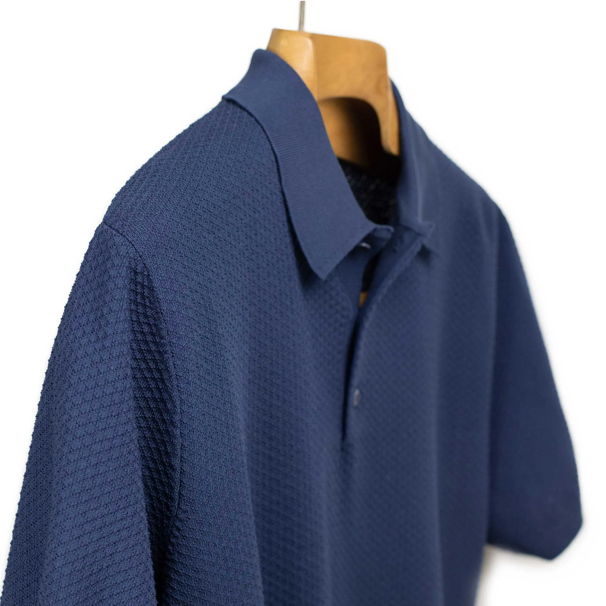 Knit short sleeve polo in light navy mini diamond pattern cotton