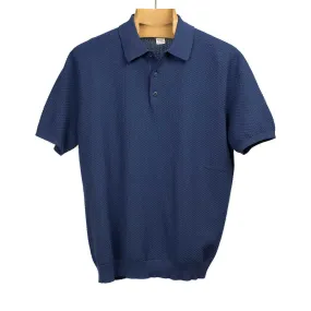 Knit short sleeve polo in light navy mini diamond pattern cotton