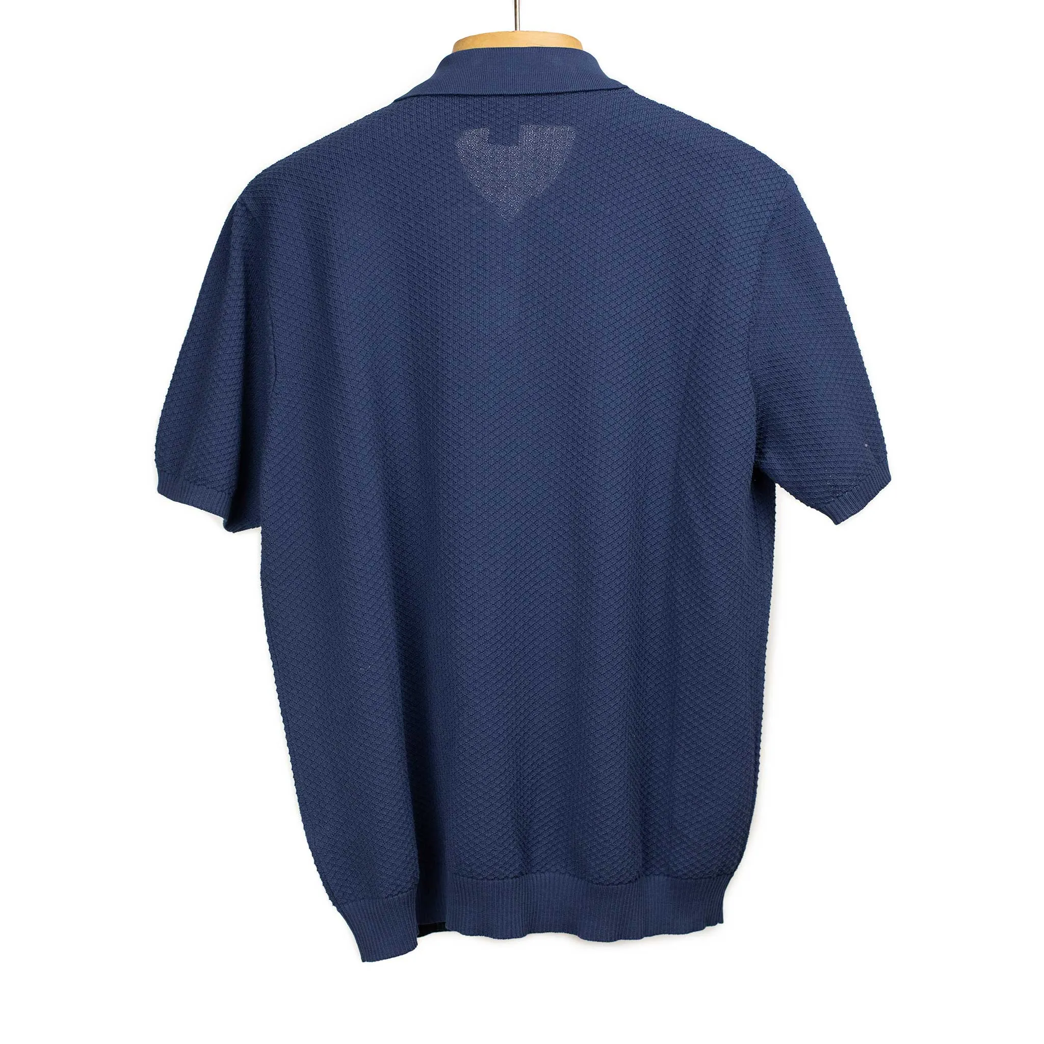 Knit short sleeve polo in light navy mini diamond pattern cotton