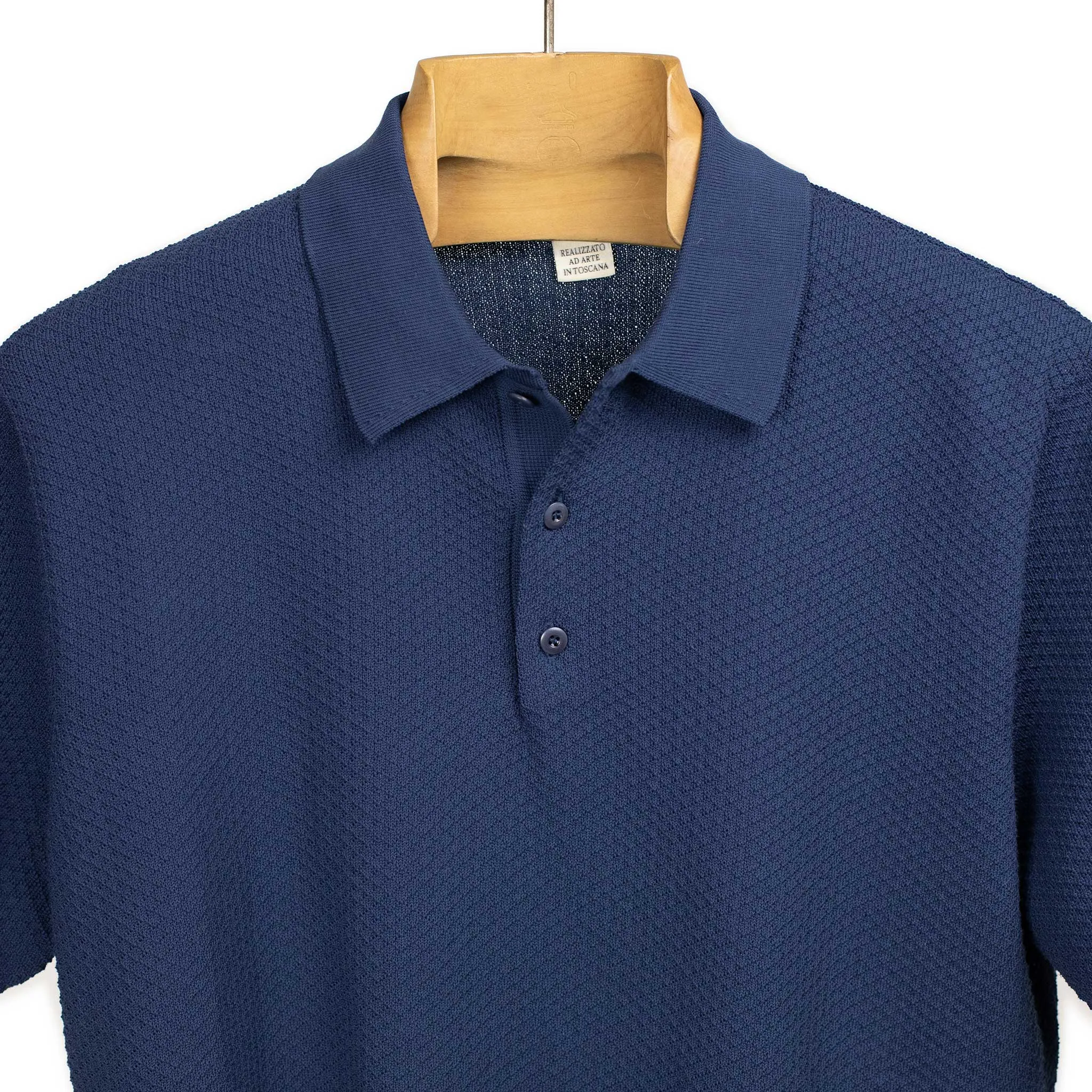 Knit short sleeve polo in light navy mini diamond pattern cotton