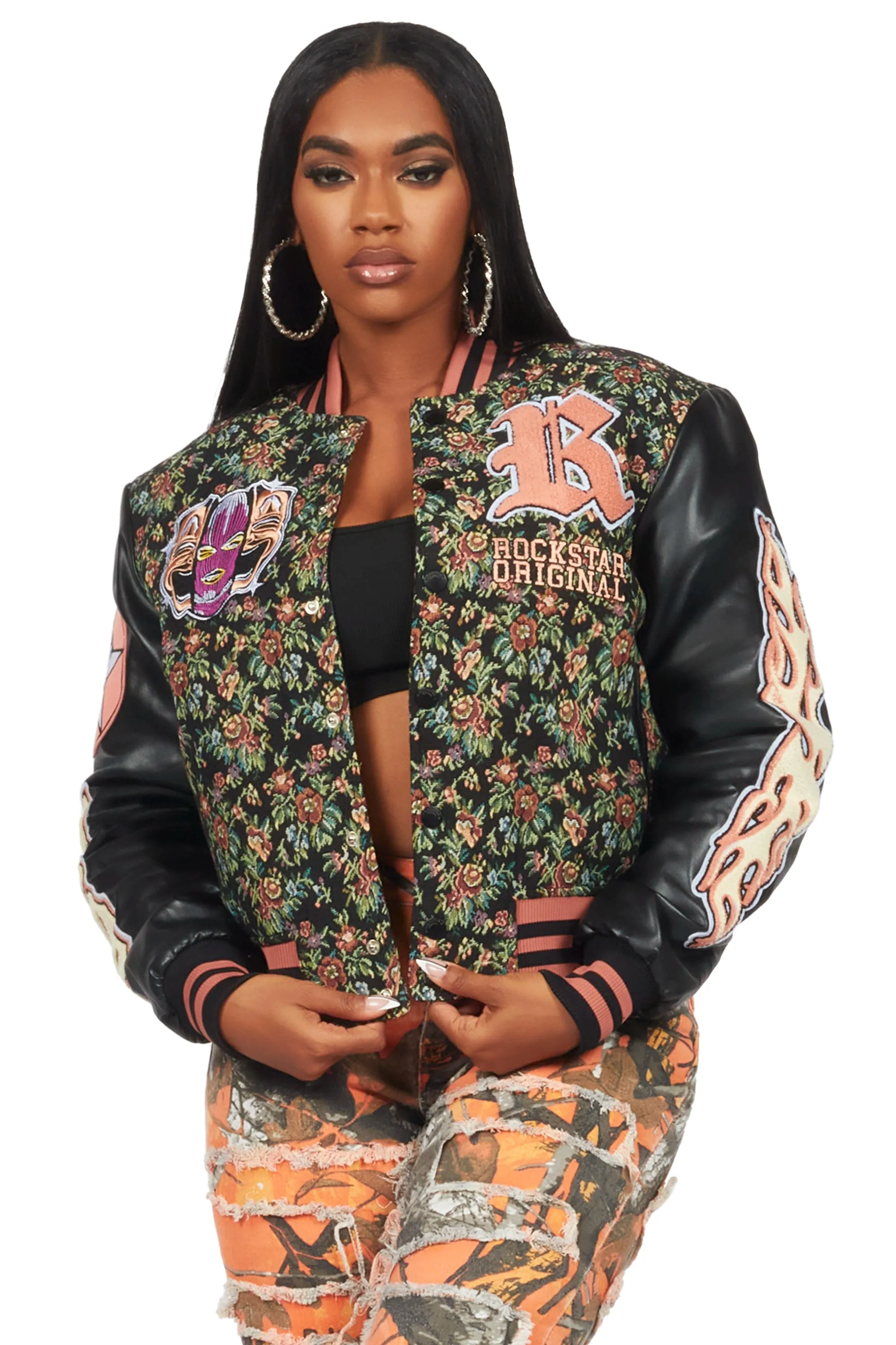 Lakiela Black Oversized Tapestry Varsity Jacket