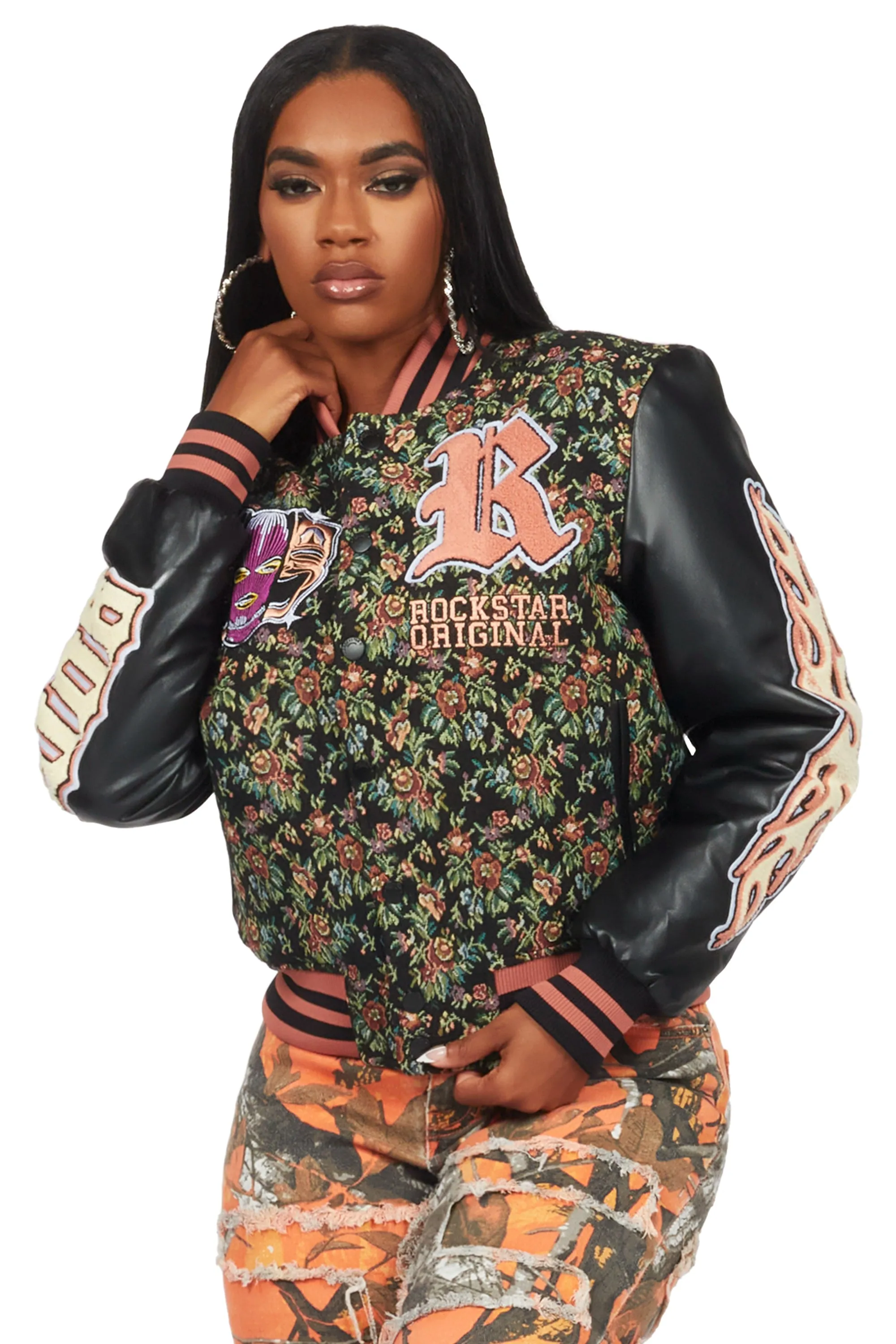 Lakiela Black Oversized Tapestry Varsity Jacket