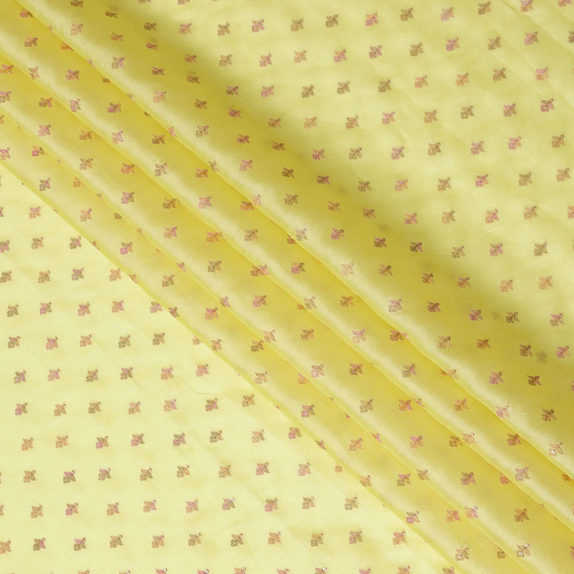 Lemon Yellow Pure Tussar Silk Fabric with Embroidery, 110 cm Width-D20697