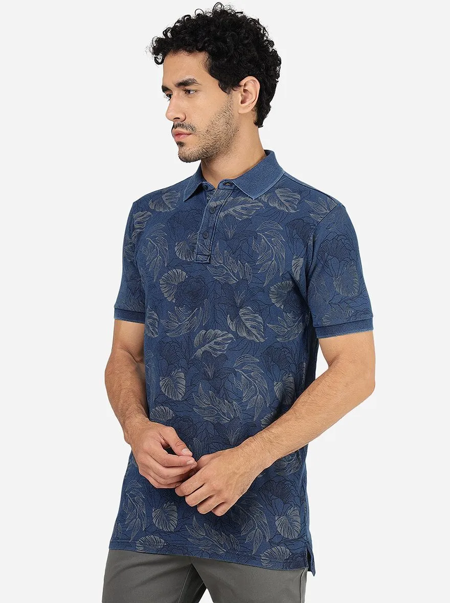 Light Denim Blue Printed Slim Fit Polo T-Shirt | JadeBlue