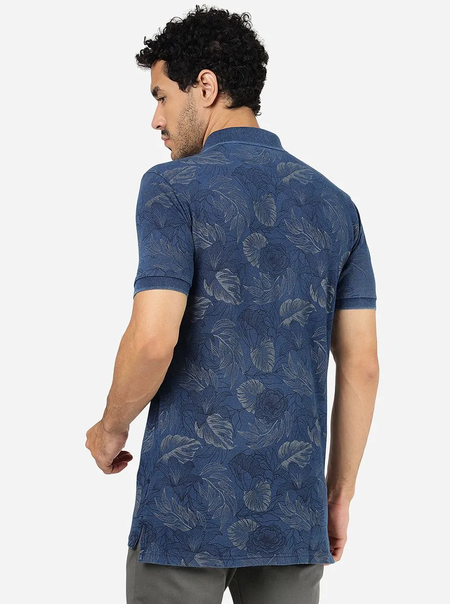 Light Denim Blue Printed Slim Fit Polo T-Shirt | JadeBlue