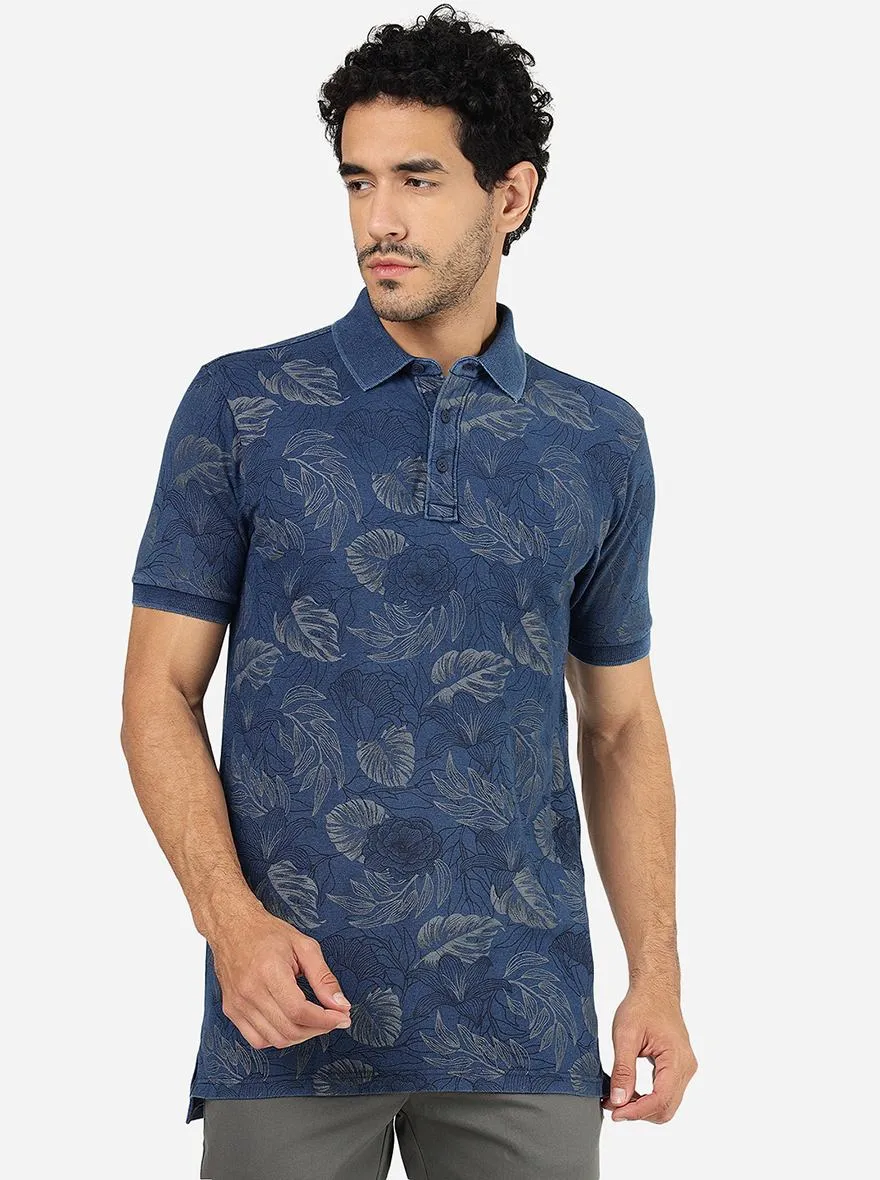 Light Denim Blue Printed Slim Fit Polo T-Shirt | JadeBlue