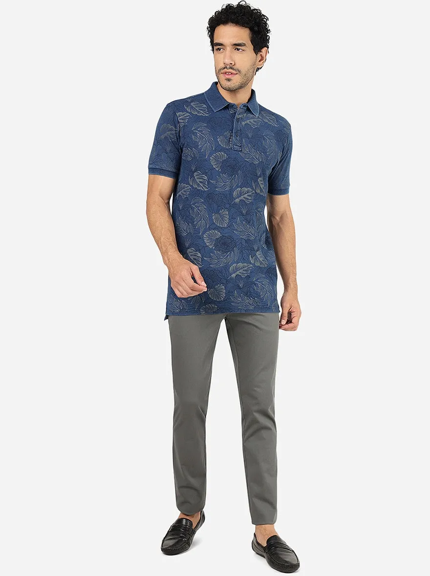 Light Denim Blue Printed Slim Fit Polo T-Shirt | JadeBlue