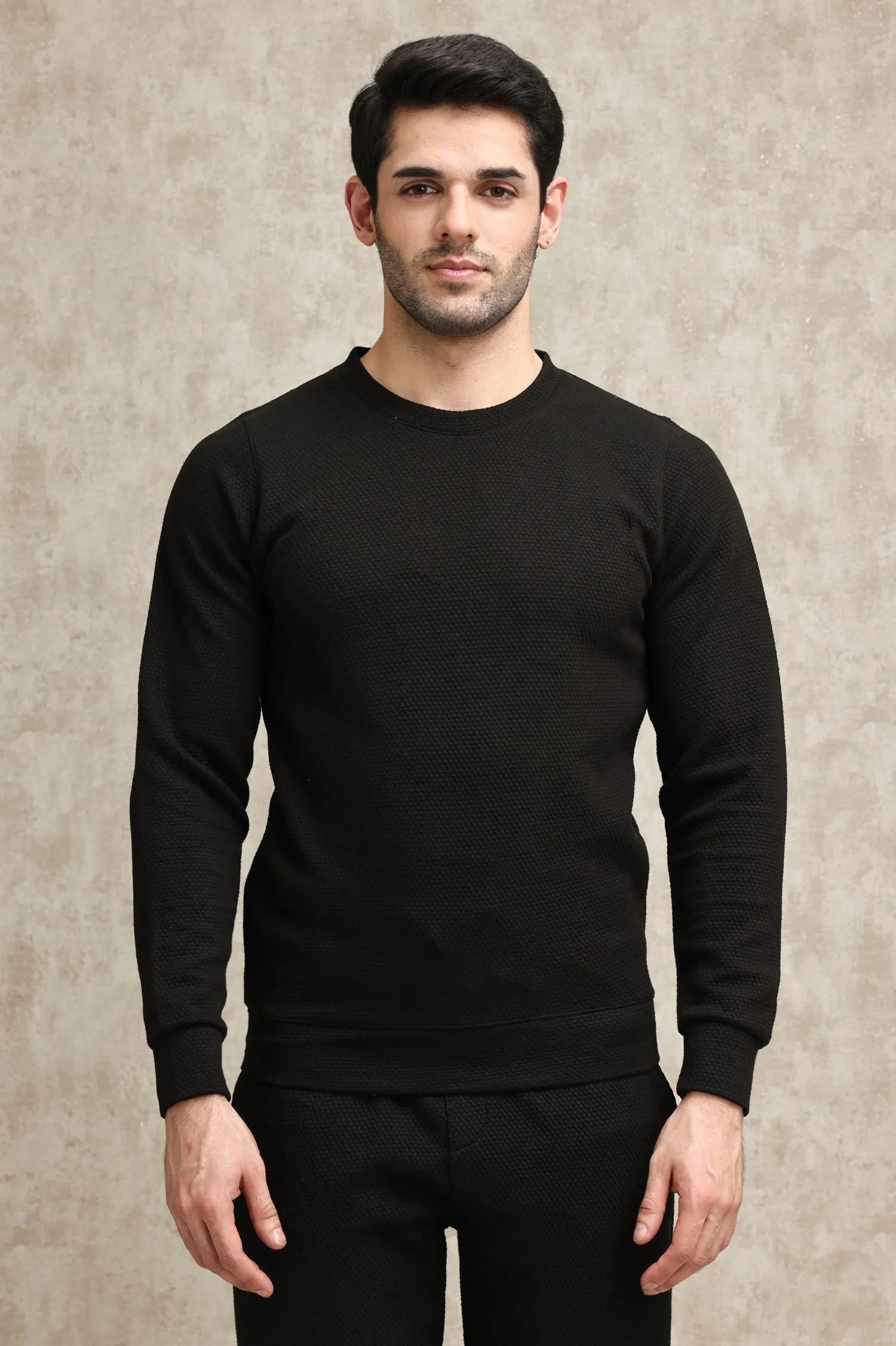 LIGHT GREY WAFFLE-KNIT CREW SWEATSHIRT-BLACK